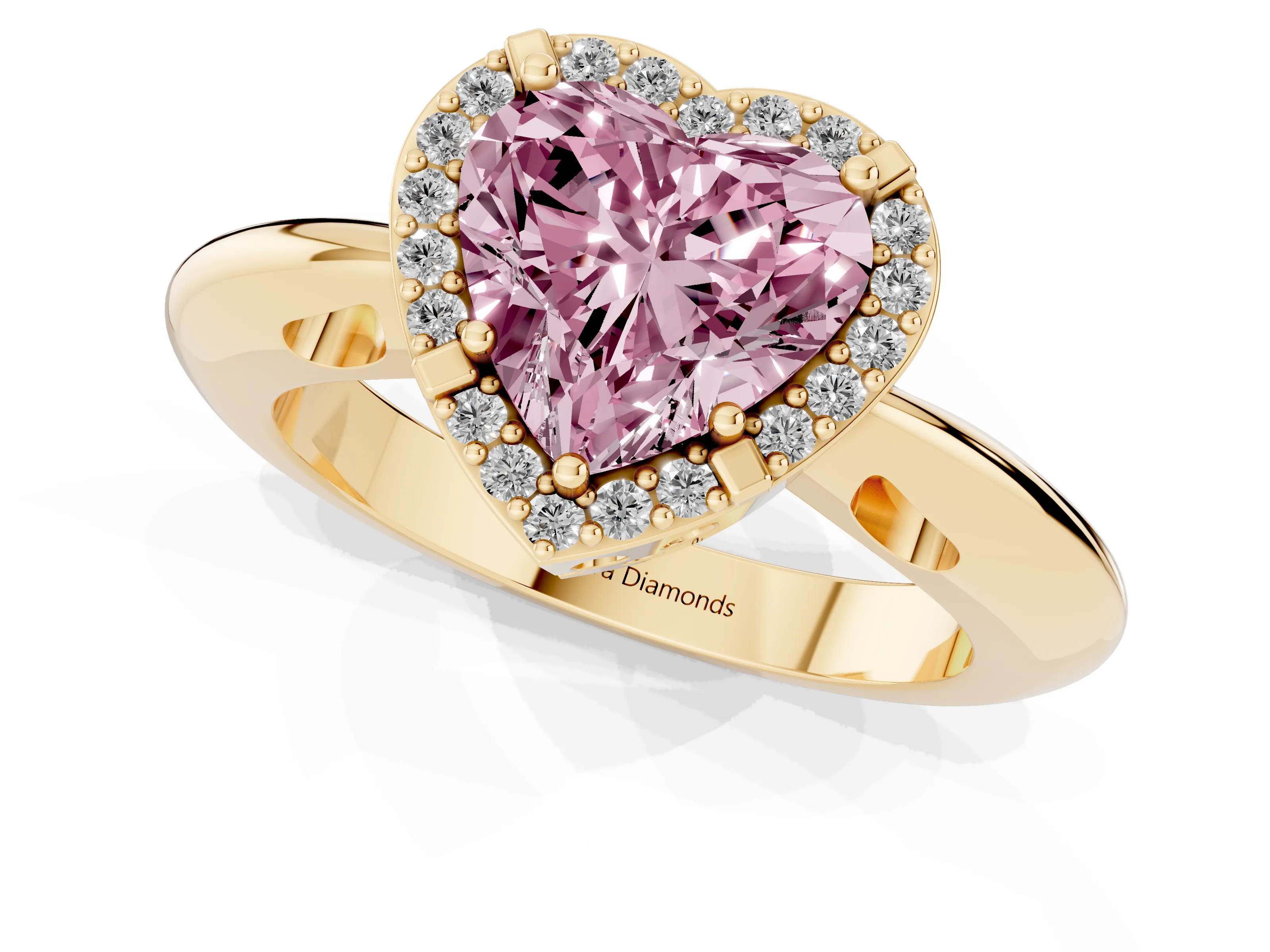 Fancy Pink Heart Cut Diamond Halo Engagement Ring Set in Yellow gold with Plain Split Shank and Prong Setting