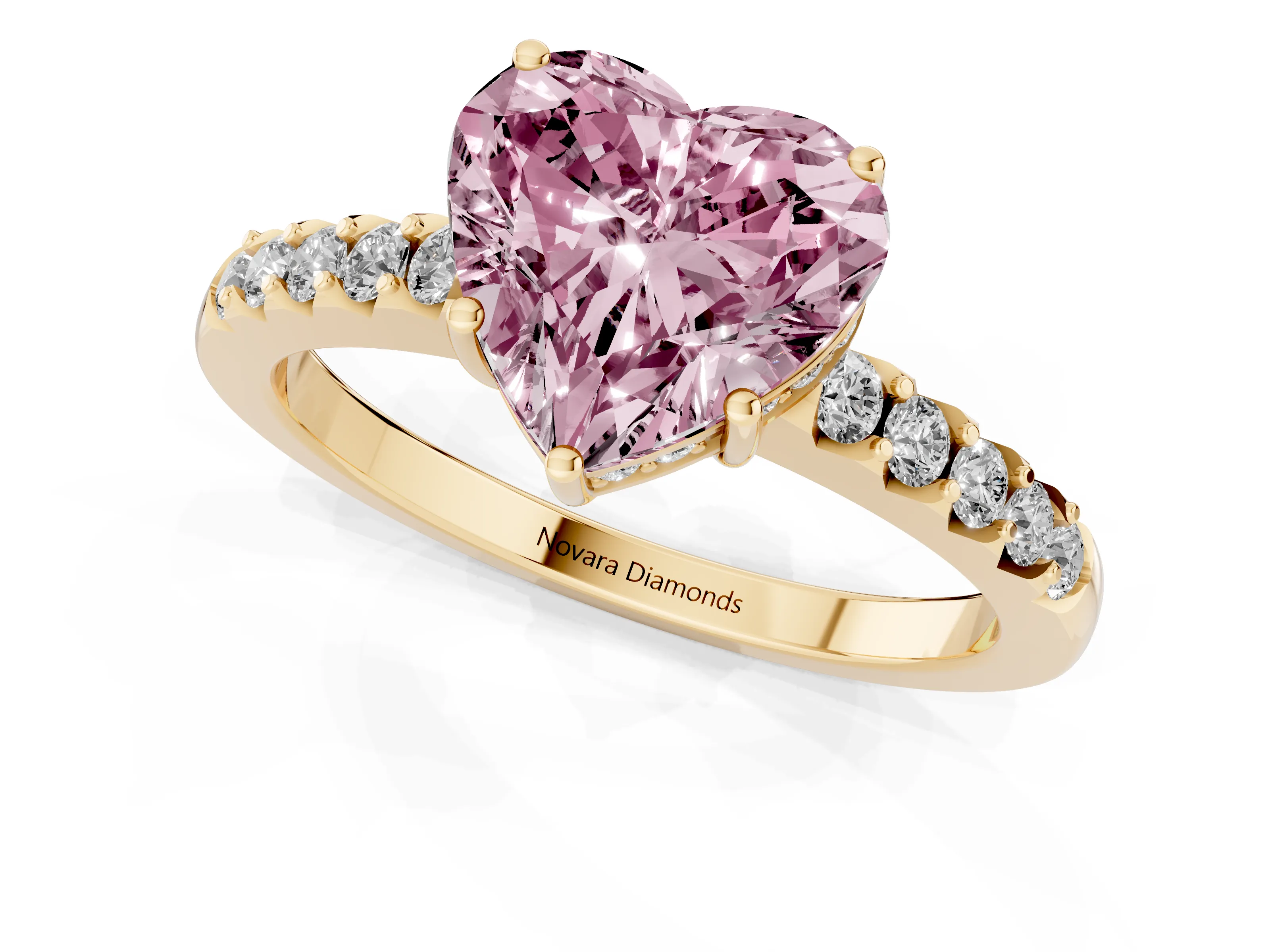 Fancy Pink Heart Cut Diamond Solitaire Engagement Ring Set in Yellow gold with Pavé Band and Prong Setting