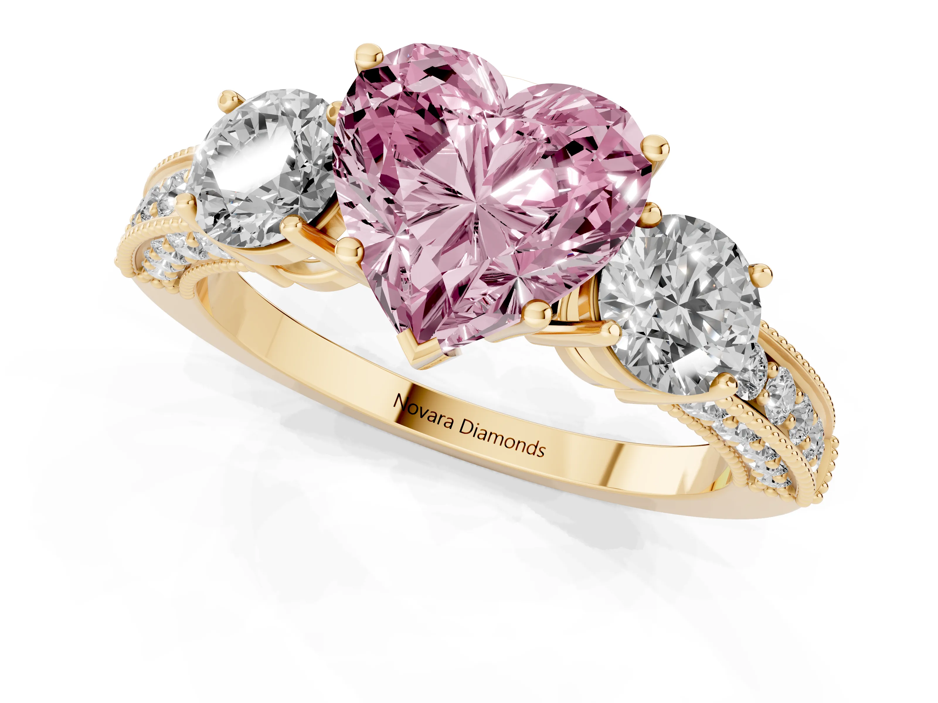 Fancy Pink Heart Cut Diamond Three-Stone Ring Set in Yellow gold with Round Side Stones and Pavé Band