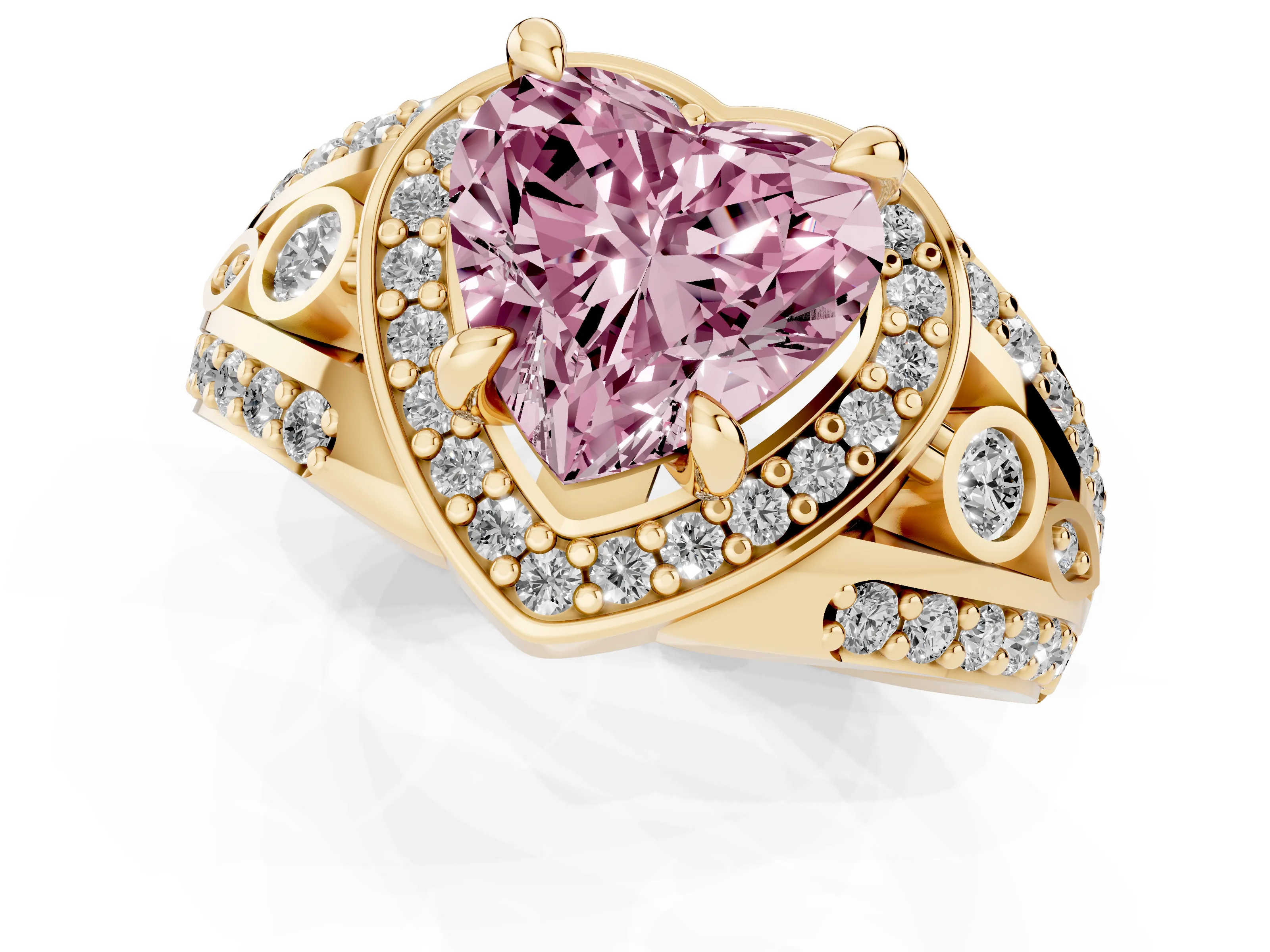 Fancy Pink Heart Cut Diamond Halo Ring Set in Yellow gold with Pavé Split Shank and Bezel Accents