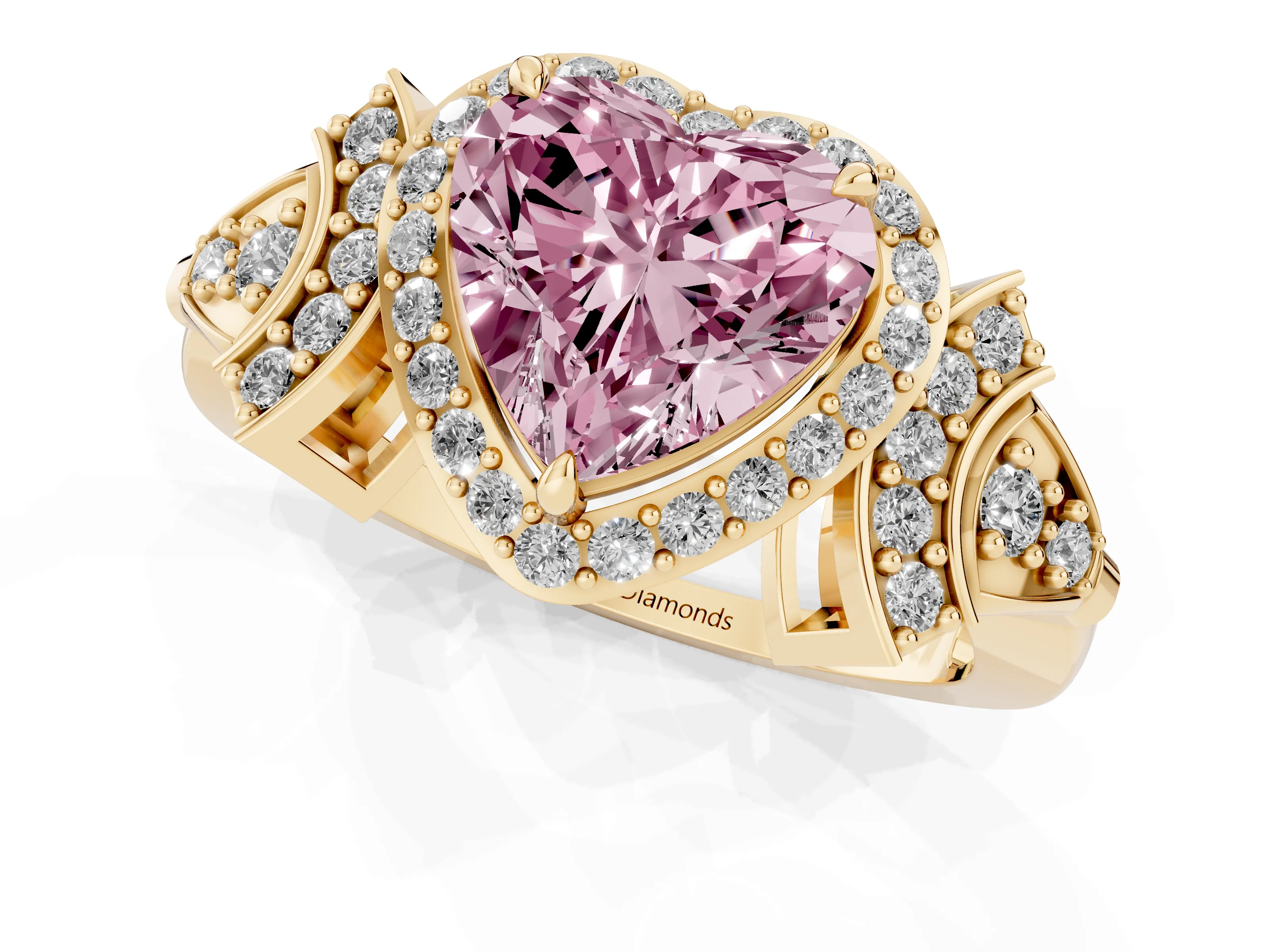 Fancy Pink Heart Cut Diamond Halo Engagement Ring Set in Yellow gold with Accent Stone Split Shank
