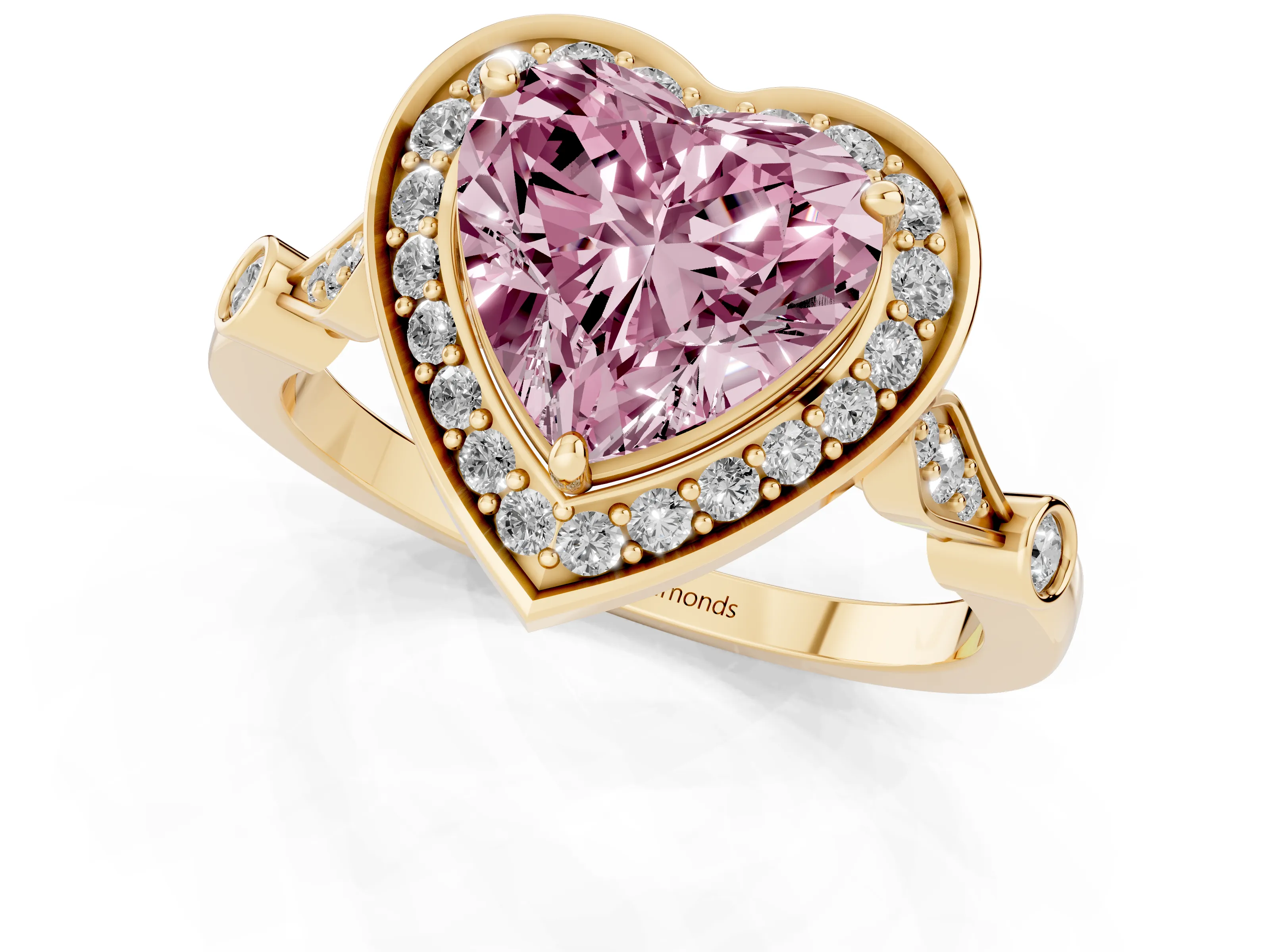 Fancy Pink Heart Cut Diamond Halo Engagement Ring Set in Yellow gold with Twisted Band and Prong Setting