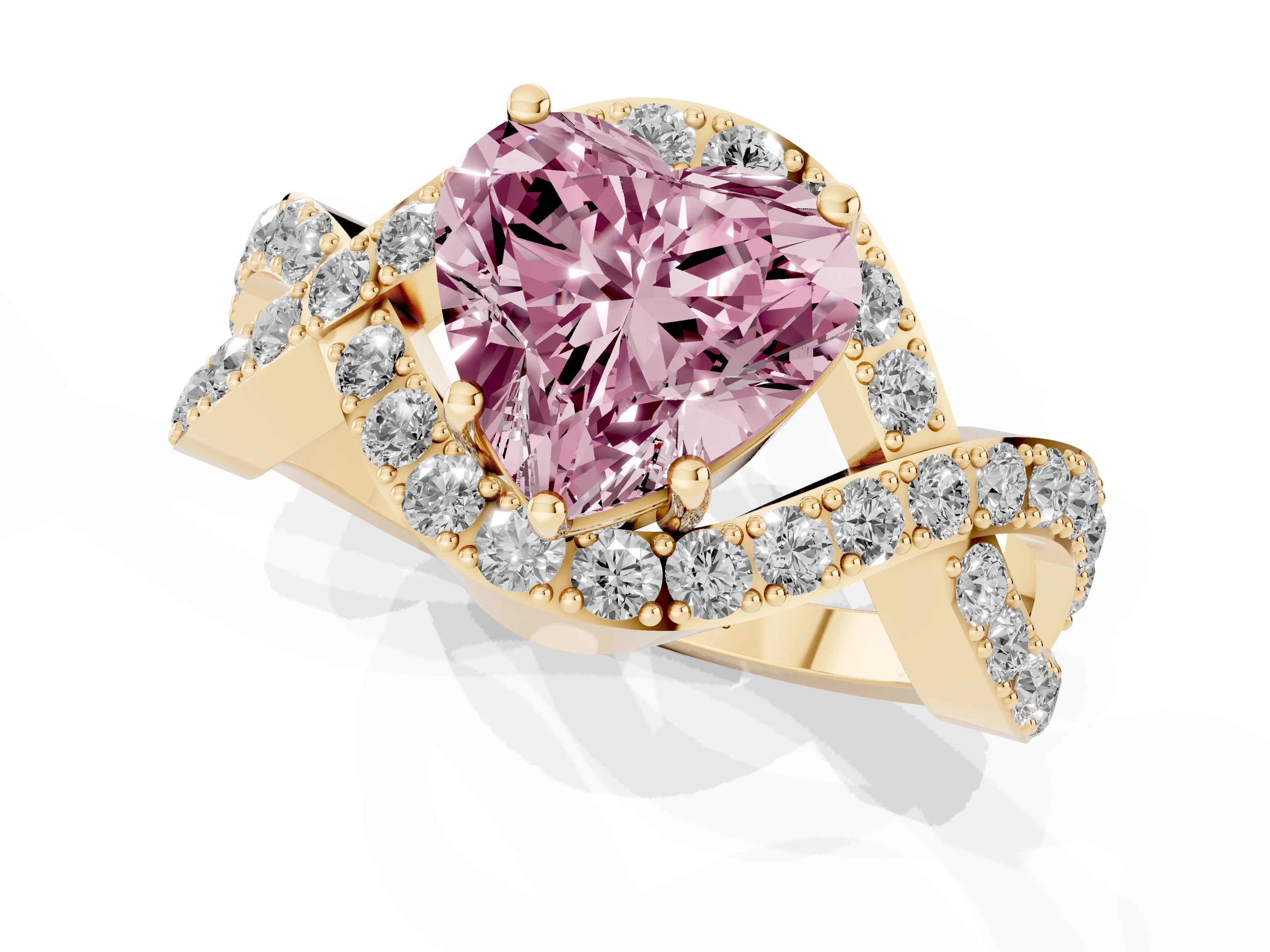 Fancy Pink Heart Cut Diamond Solitaire Twist Band Pavé Engagement Ring Set in Yellow gold