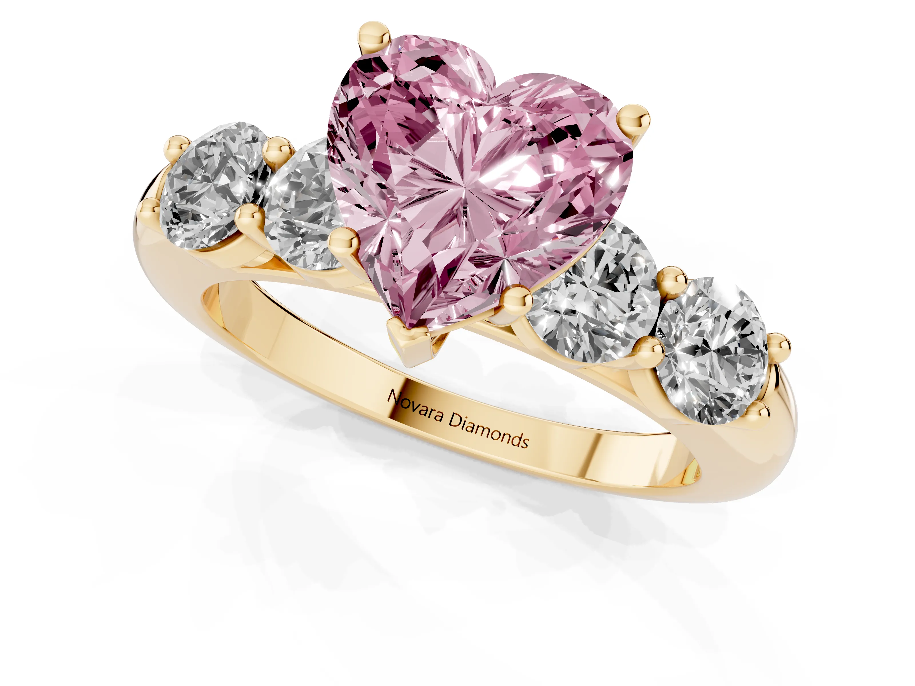 Fancy Pink Heart Cut Diamond Five-Stone Prong Set Ring Set in Yellow gold with Classic Band