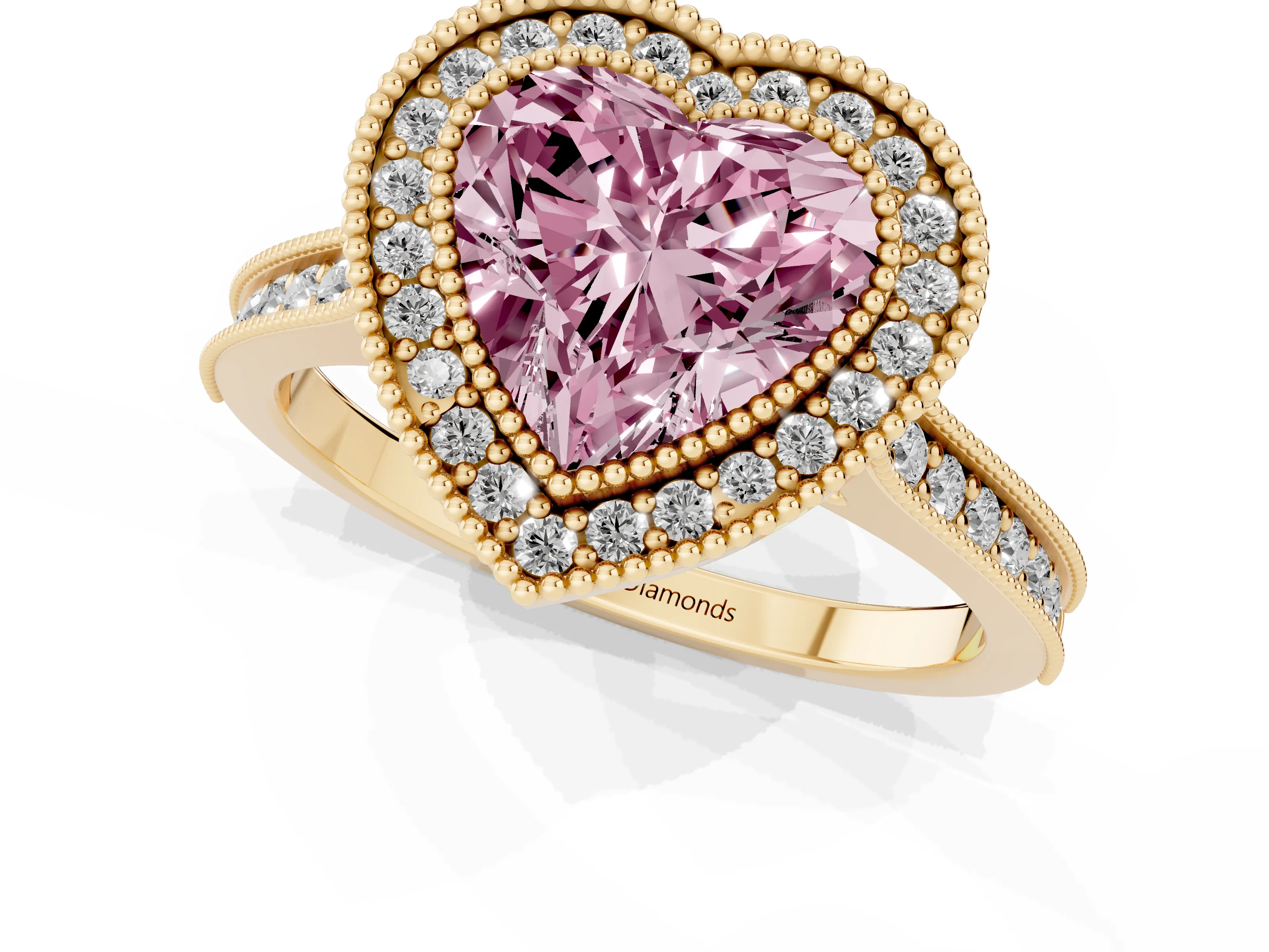 Fancy Pink Heart Cut Diamond Halo Milgrain Pavé Band Ring Set in Yellow gold with Prong Setting