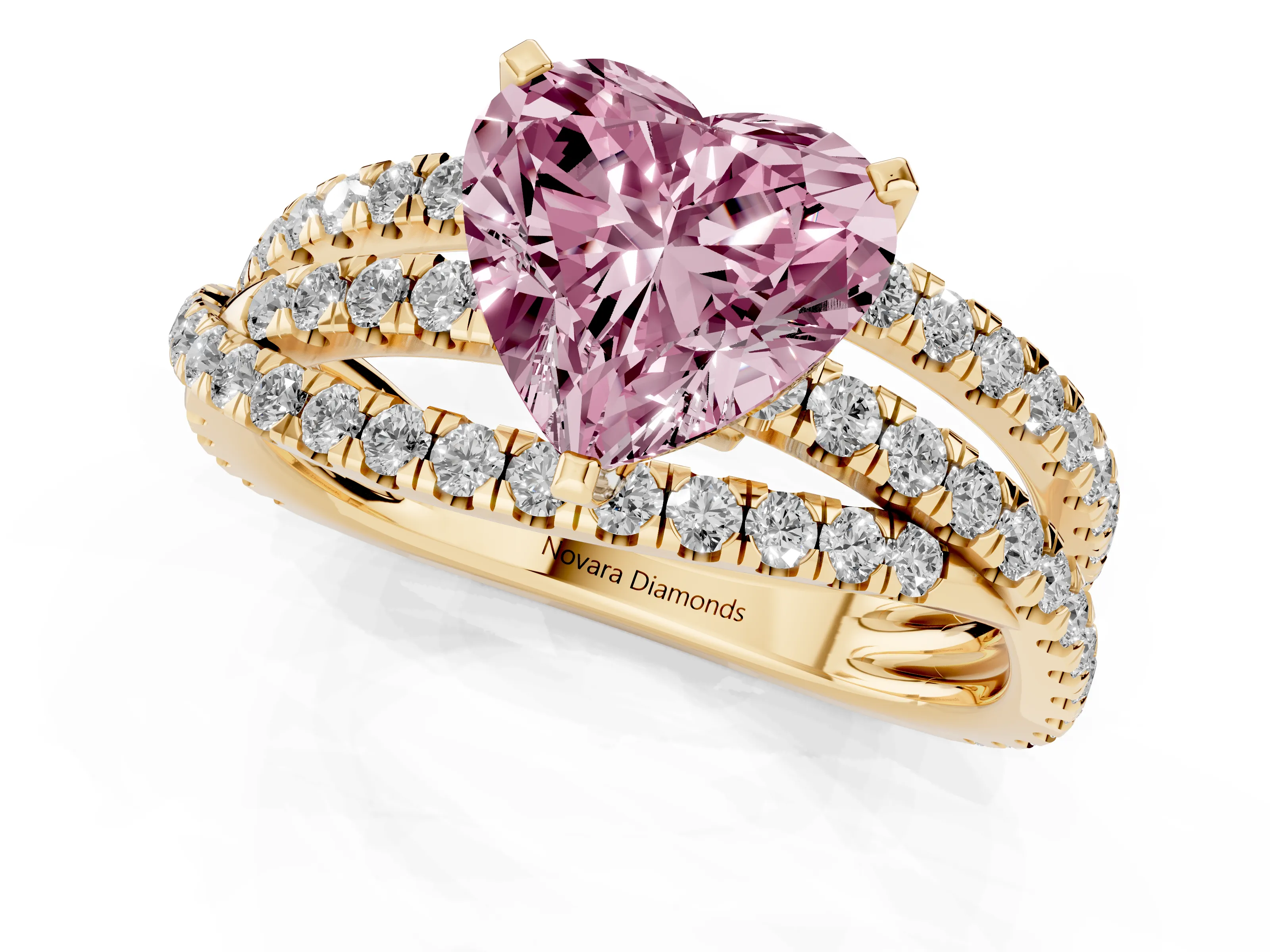 Fancy Pink Heart Cut Diamond Solitaire Twist Band Ring Set in Yellow gold with Pavé Setting and Prong Head