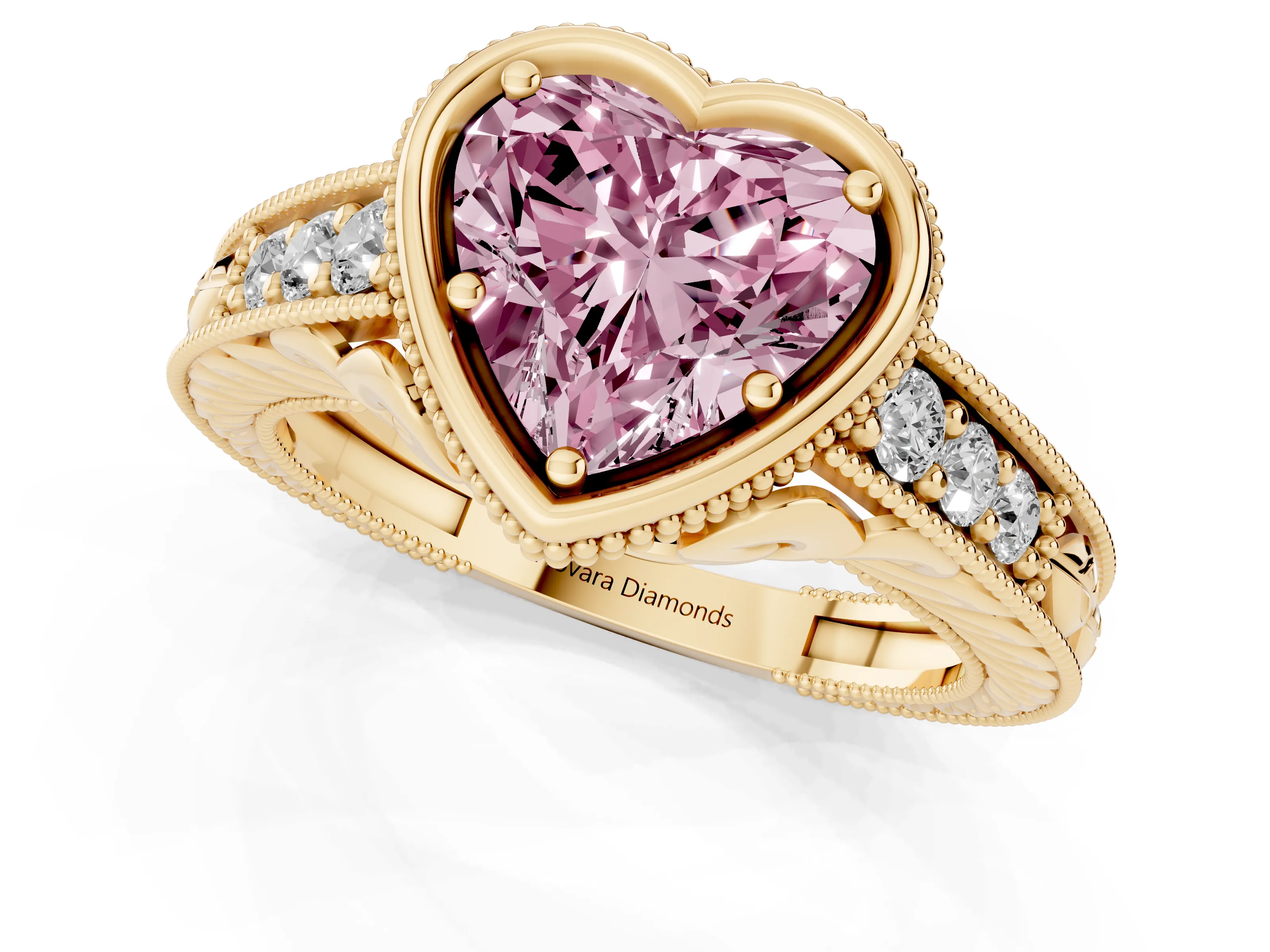 Fancy Pink Bezel Set Heart Cut Diamond Milgrain Pavé Engagement Ring Set in Yellow gold