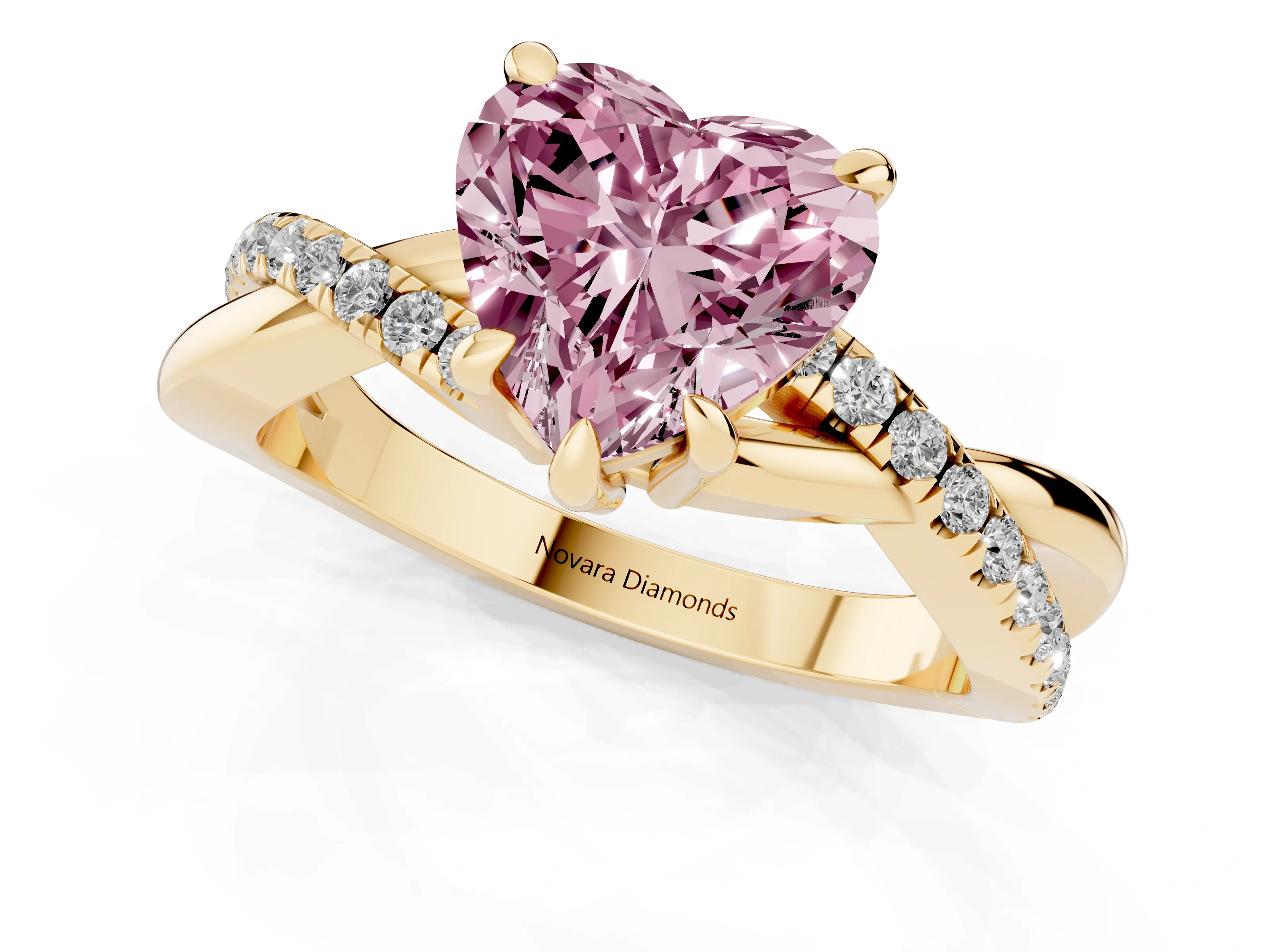 Fancy Pink Heart Cut Diamond Twist Band Solitaire Set in Yellow gold with Pavé Accents and Prong Setting