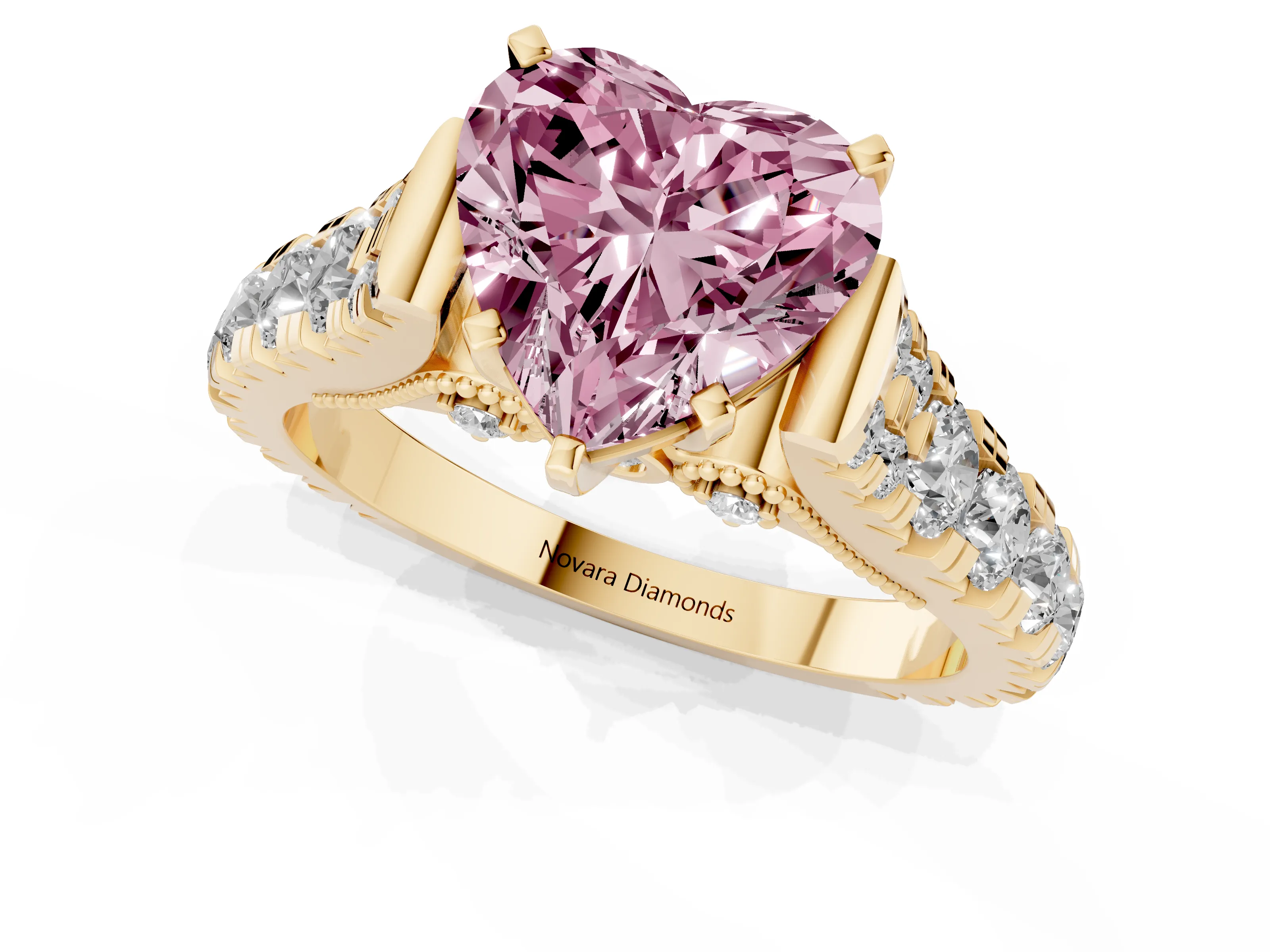 Fancy Pink Heart Cut Diamond Classic Solitaire Ring Set in Yellow gold with Pavé Band and Prong Setting