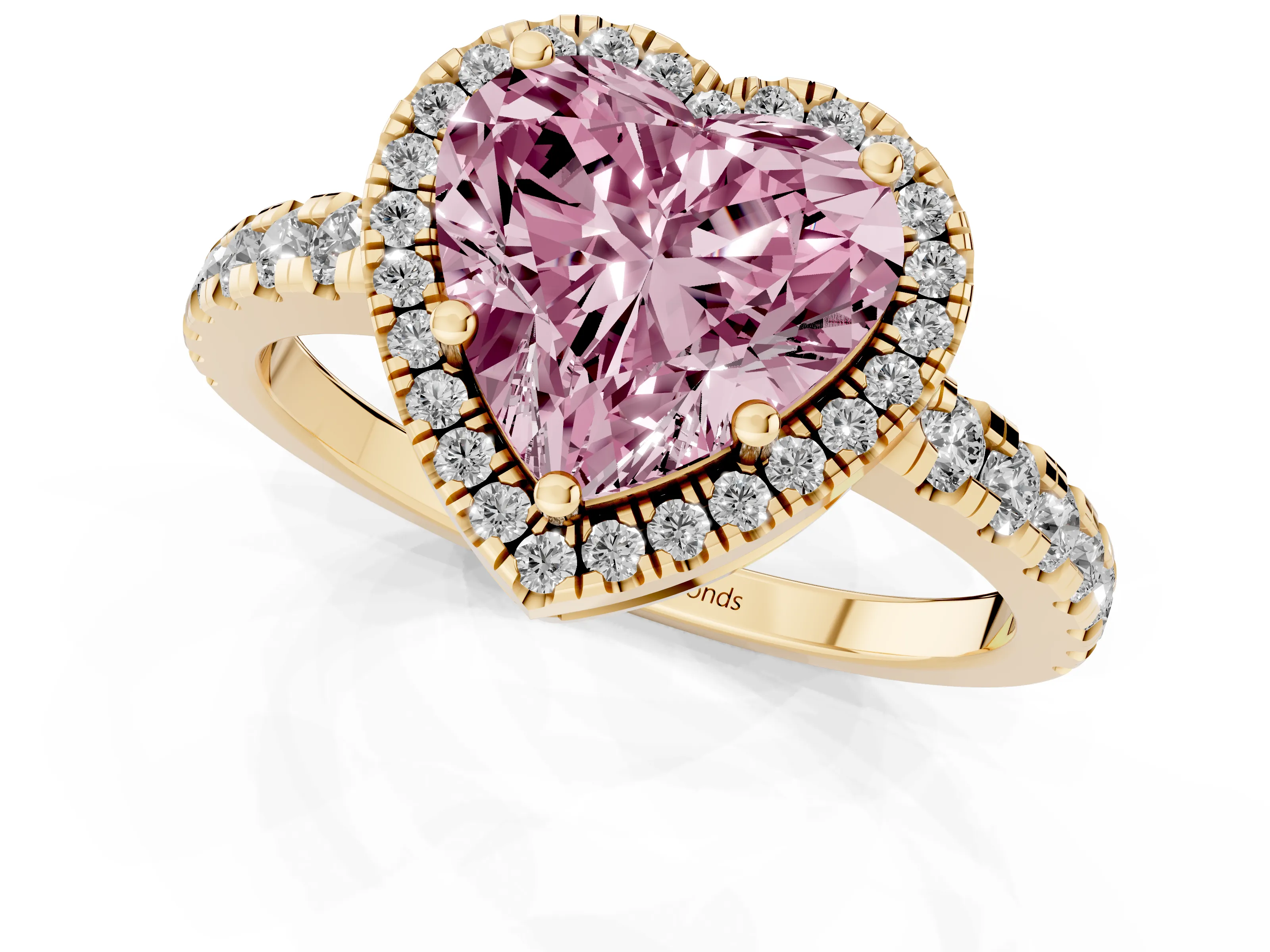 Fancy Pink Heart Cut Diamond Halo Ring Set in Yellow gold with Delicate Pavé Band and Prong Setting