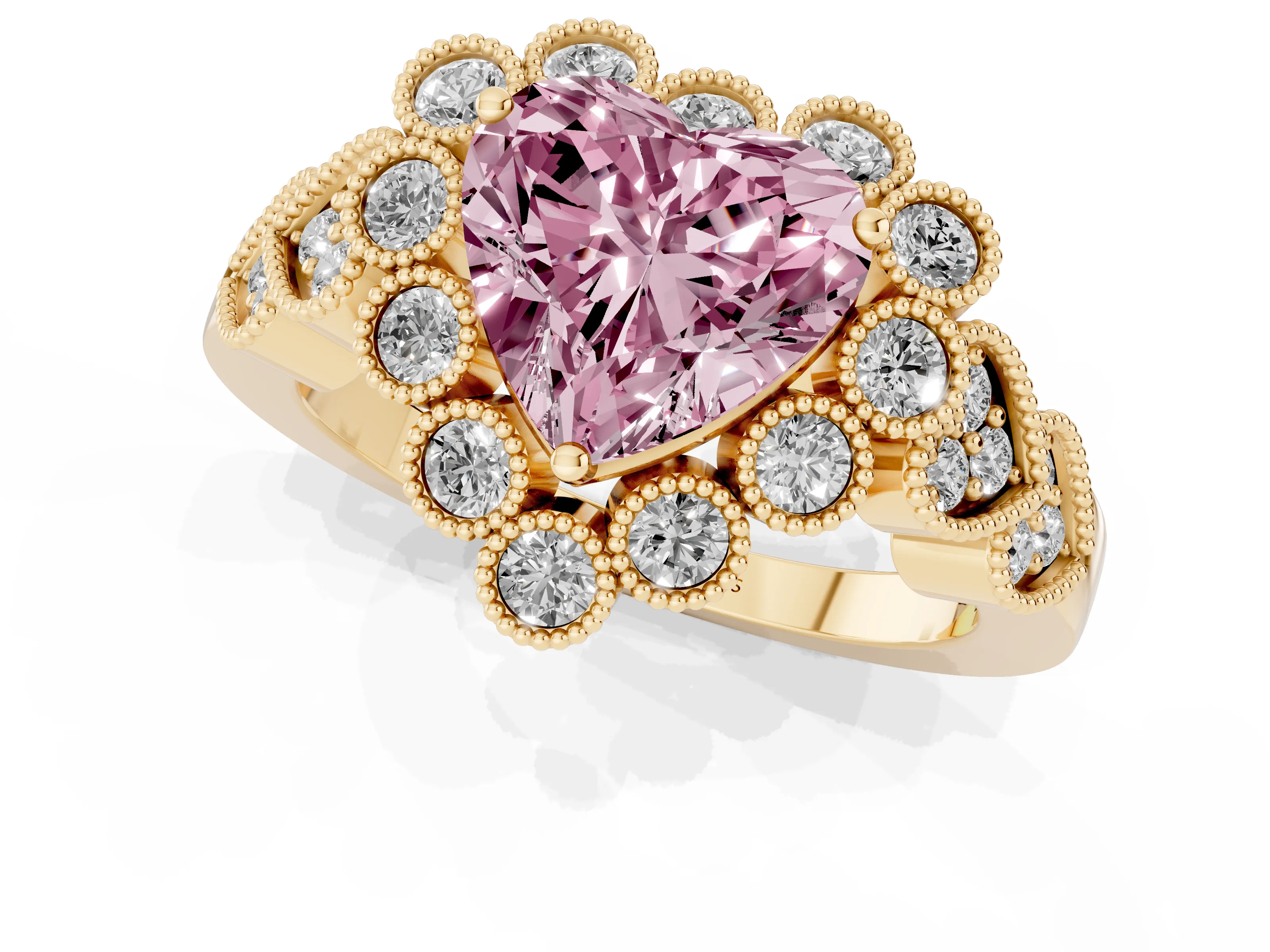 Fancy Pink Heart Cut Diamond Solitaire Ring Set in Yellow gold with Milgrain Pavé Heart Band