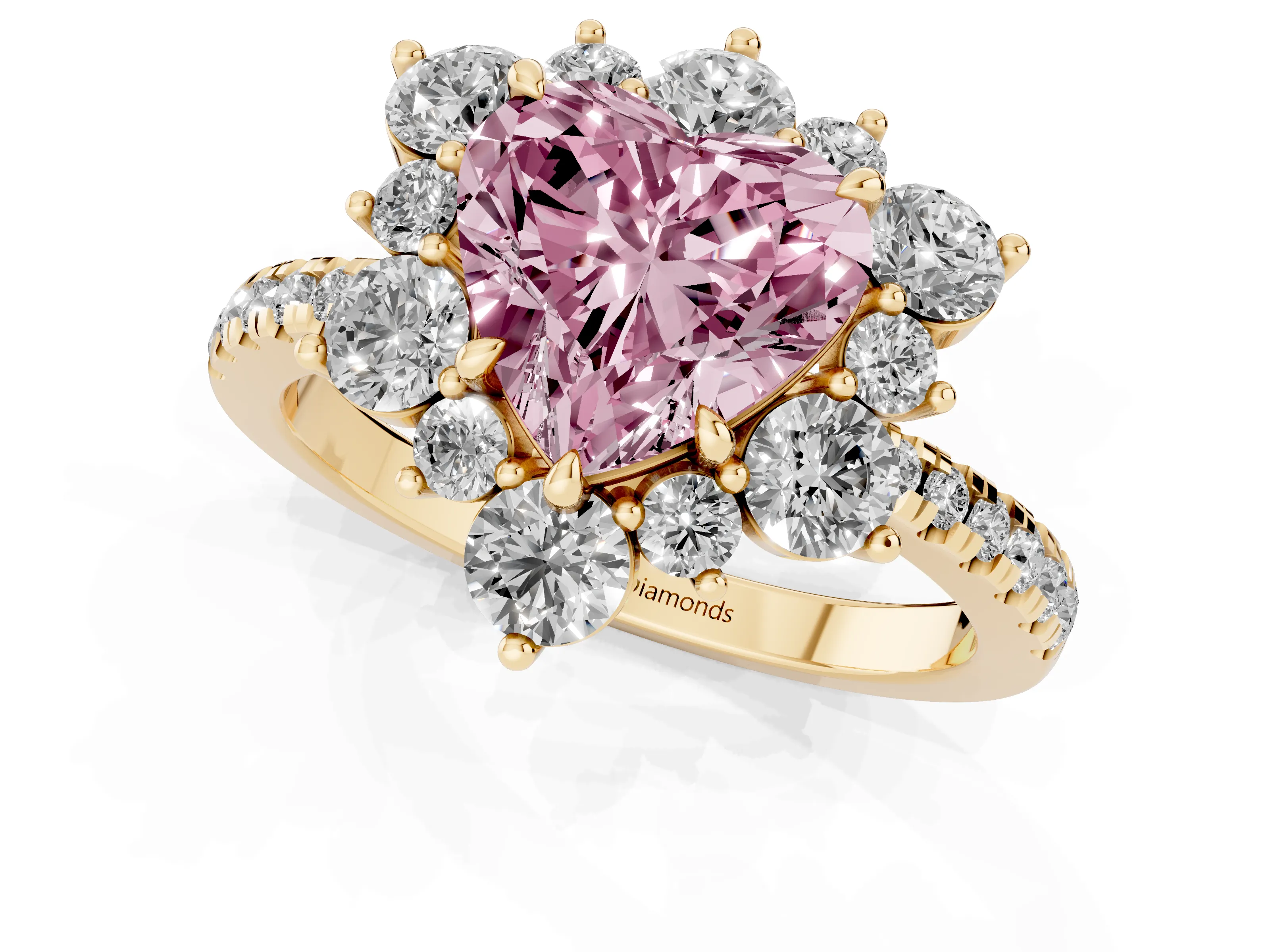 Fancy Pink Heart Cut Diamond Floral Halo Ring Set in Yellow gold with Round Pavé Band and Prong Setting