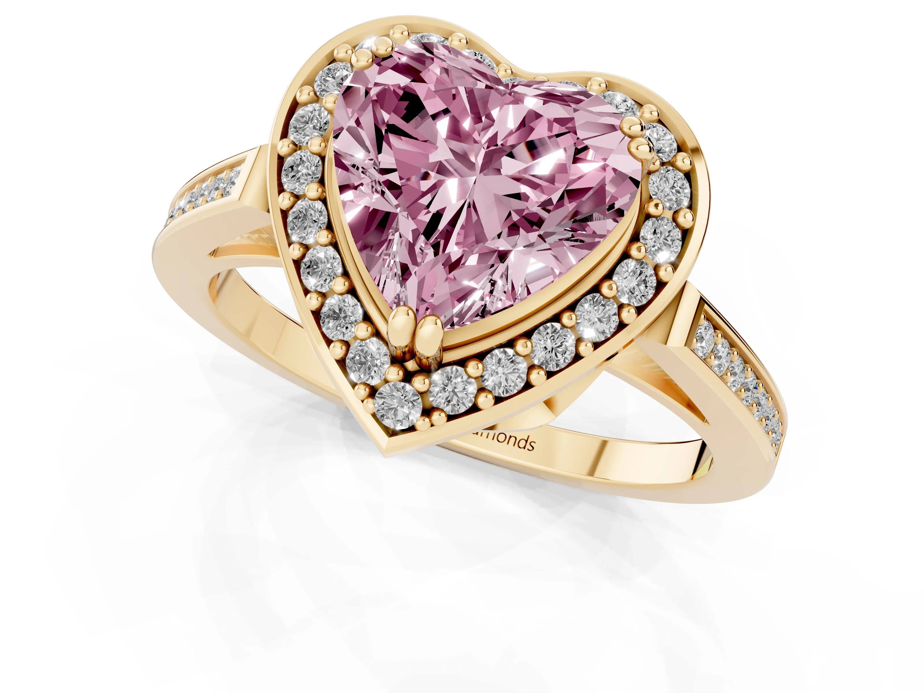 Fancy Pink Heart Cut Diamond Halo Ring Set in Yellow gold with Accent-Lined Split Shank and Prong Setting