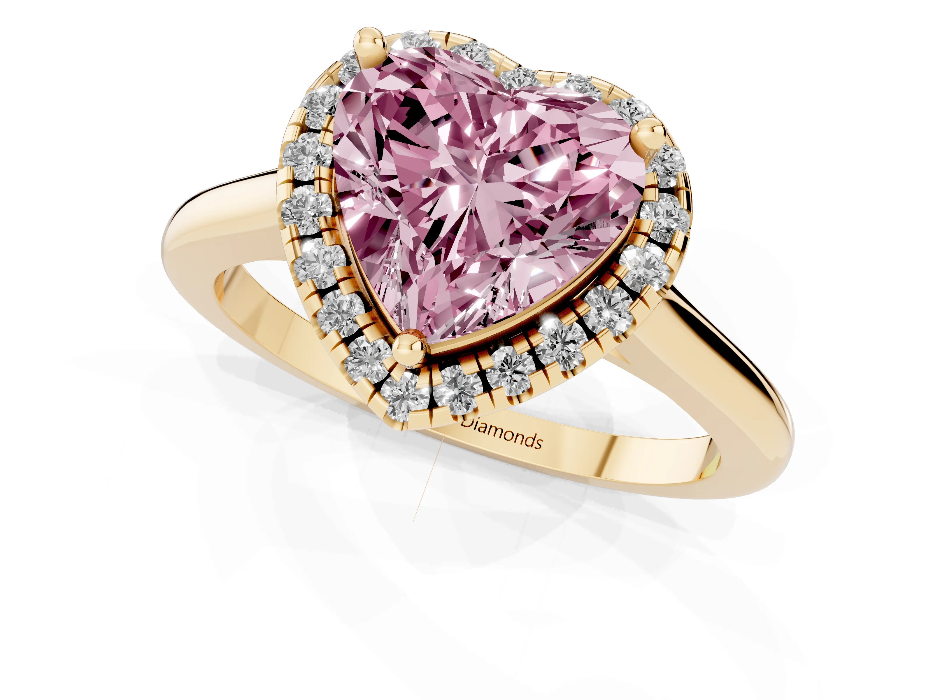 Fancy Pink Heart Cut Diamond Halo Engagement Ring Set in Yellow gold with Pavé Band and Rising Shoulders