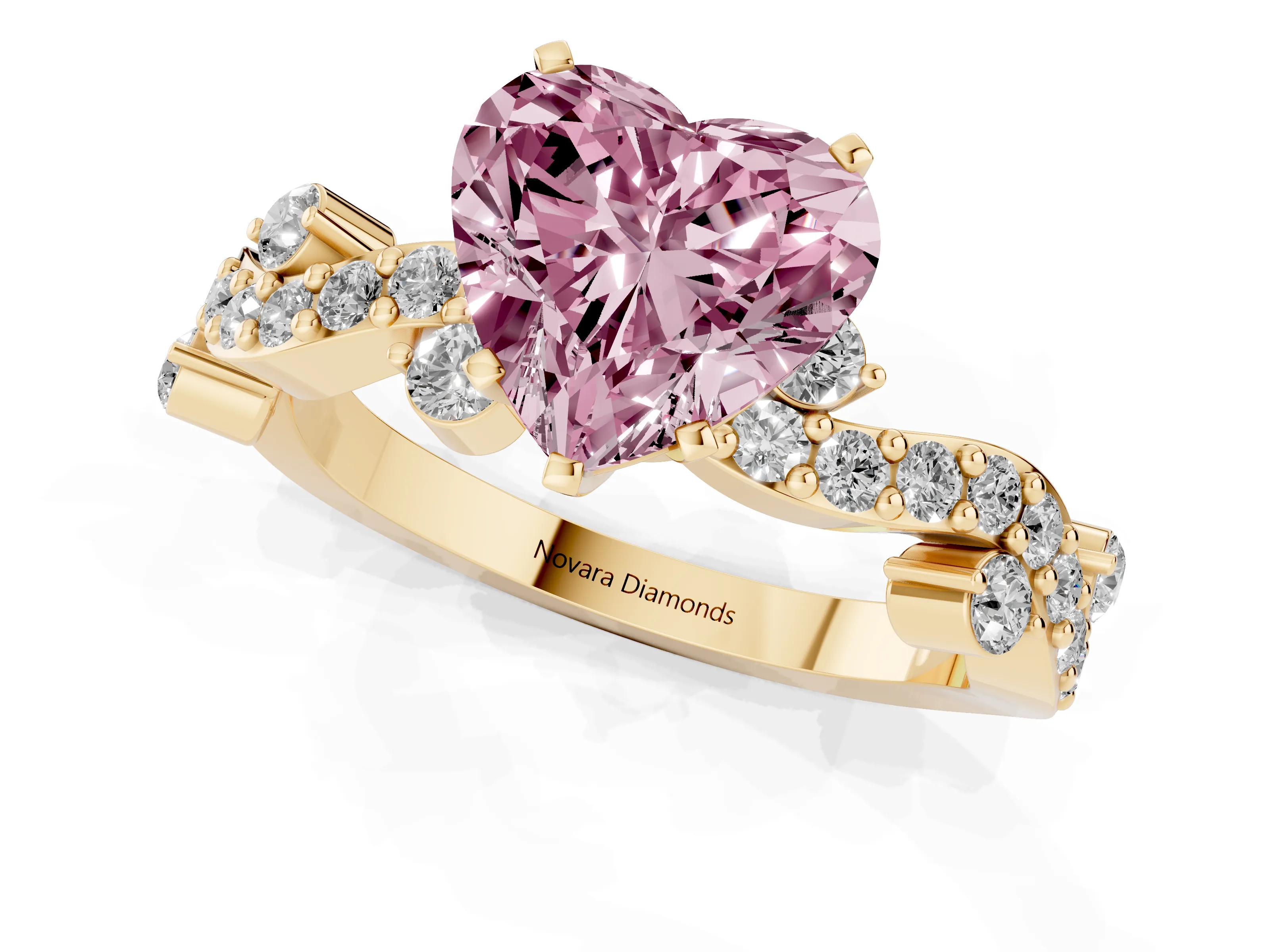 Fancy Pink Heart Cut Diamond Solitaire Twisted Band Set in Yellow gold with Pavé Setting