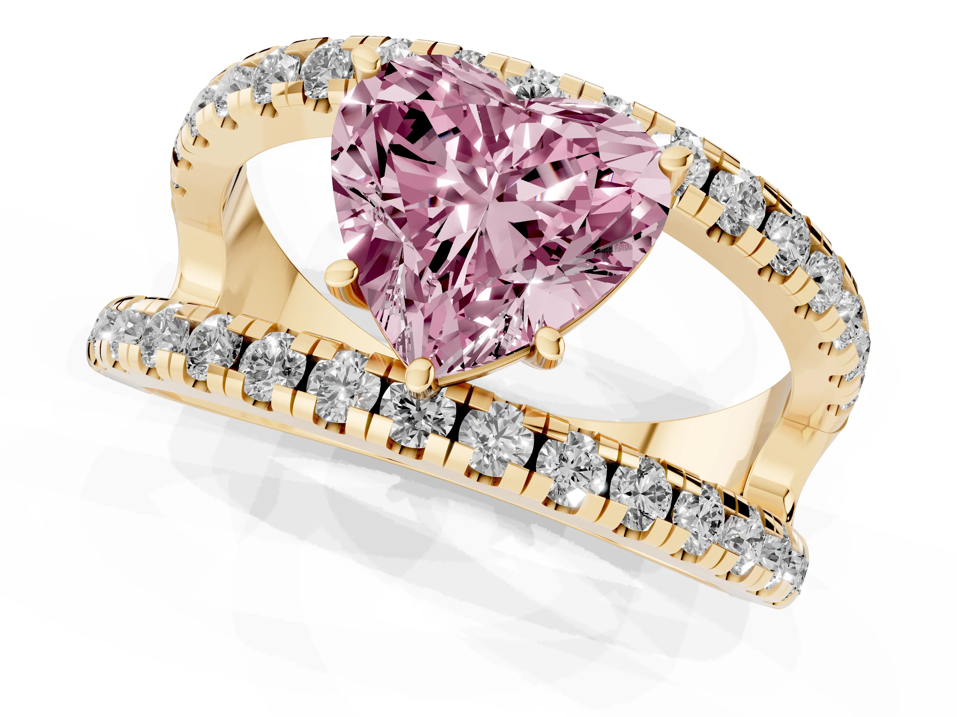 Fancy Pink Heart Cut Diamond Split Shank Pavé Solitaire Ring Set in Yellow gold with Open Shank Design