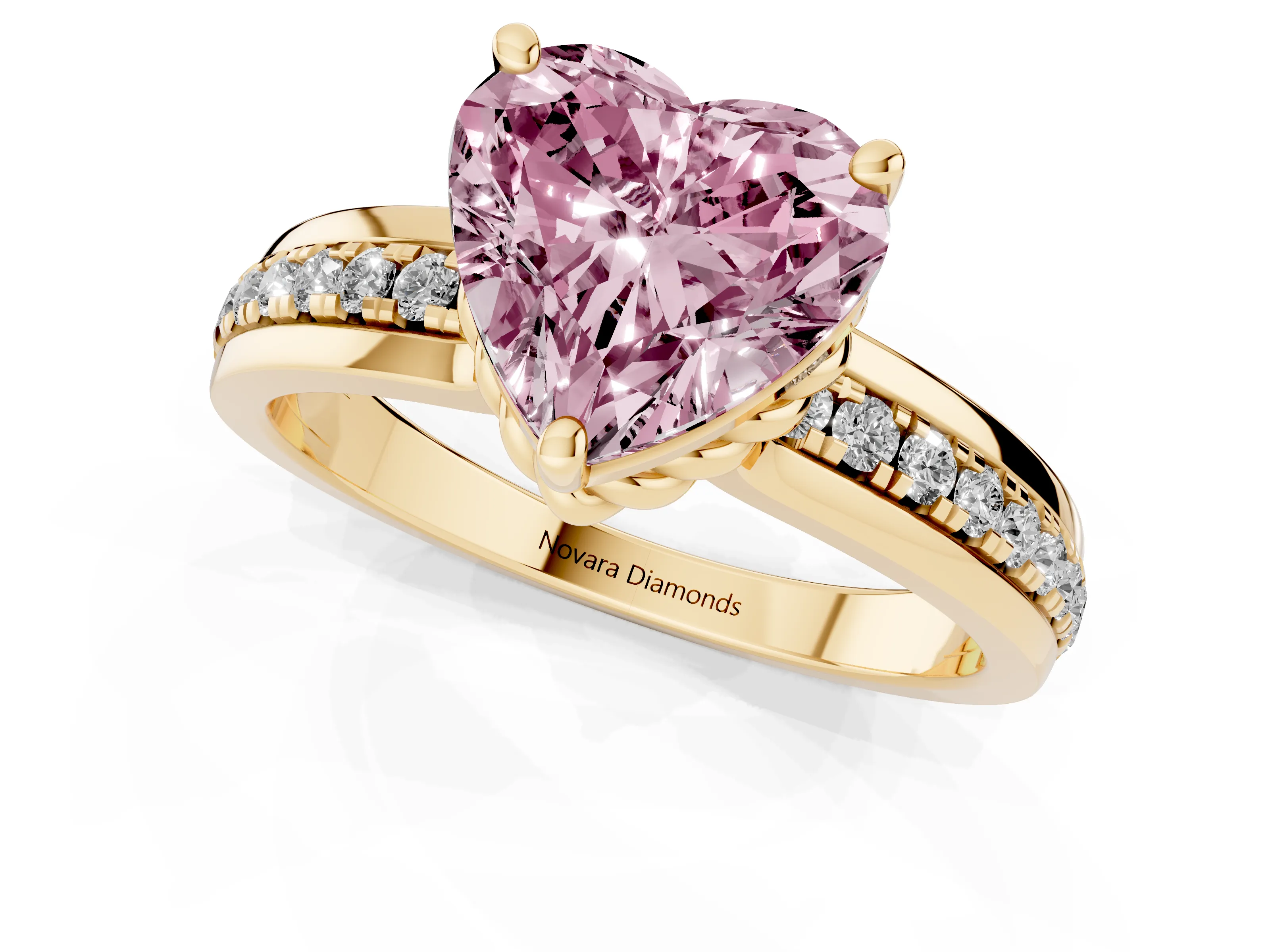 Fancy Pink Heart Cut Diamond Solitaire Ring Set in Yellow gold with Channel Set Band and Prong Setting