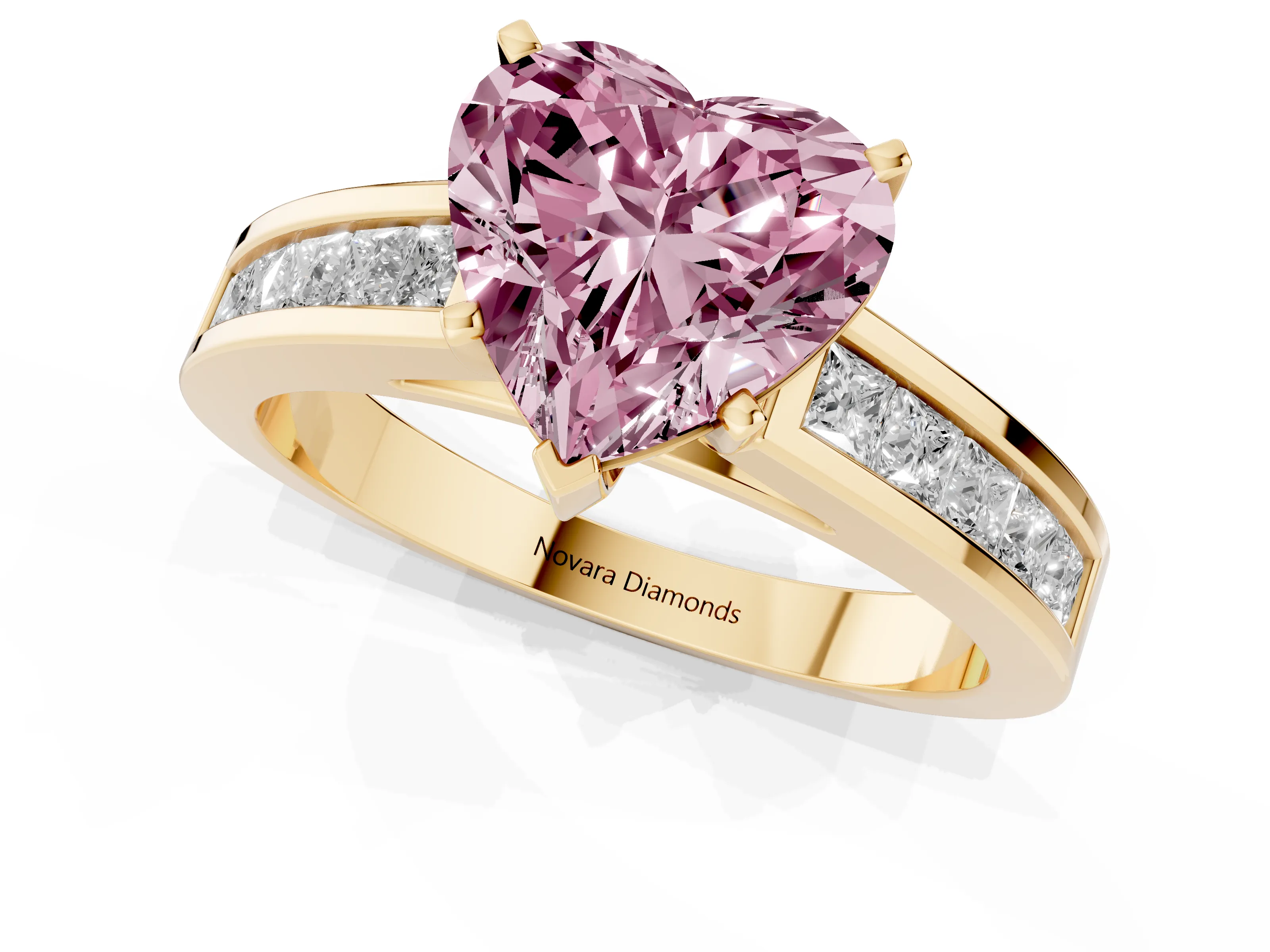 Fancy Pink Heart Cut Diamond Solitaire Ring Set in Yellow gold with Channel-Set Band and Prong Setting