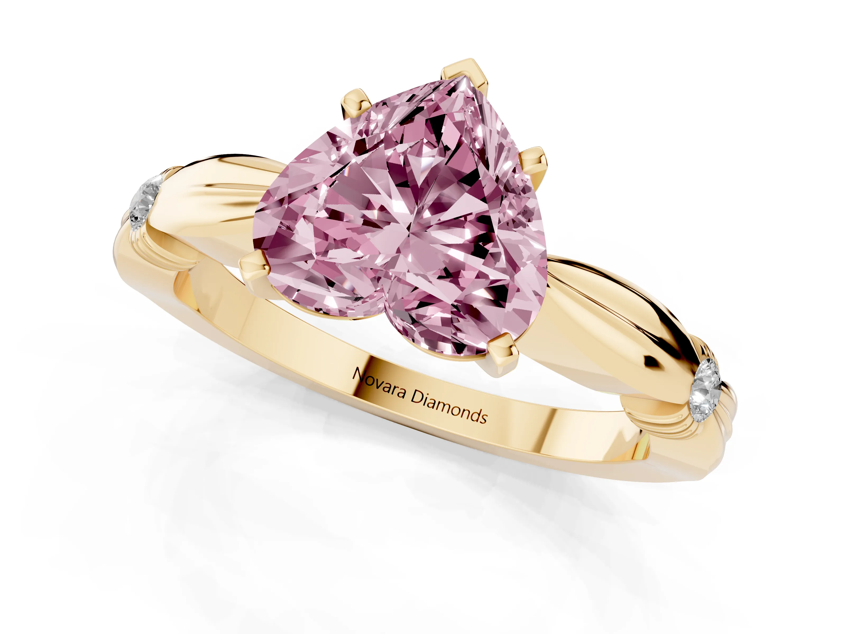 Fancy Pink Heart Cut Diamond Solitaire Twisted Band Ring Set in Yellow gold with Accent Stones and Prong Setting