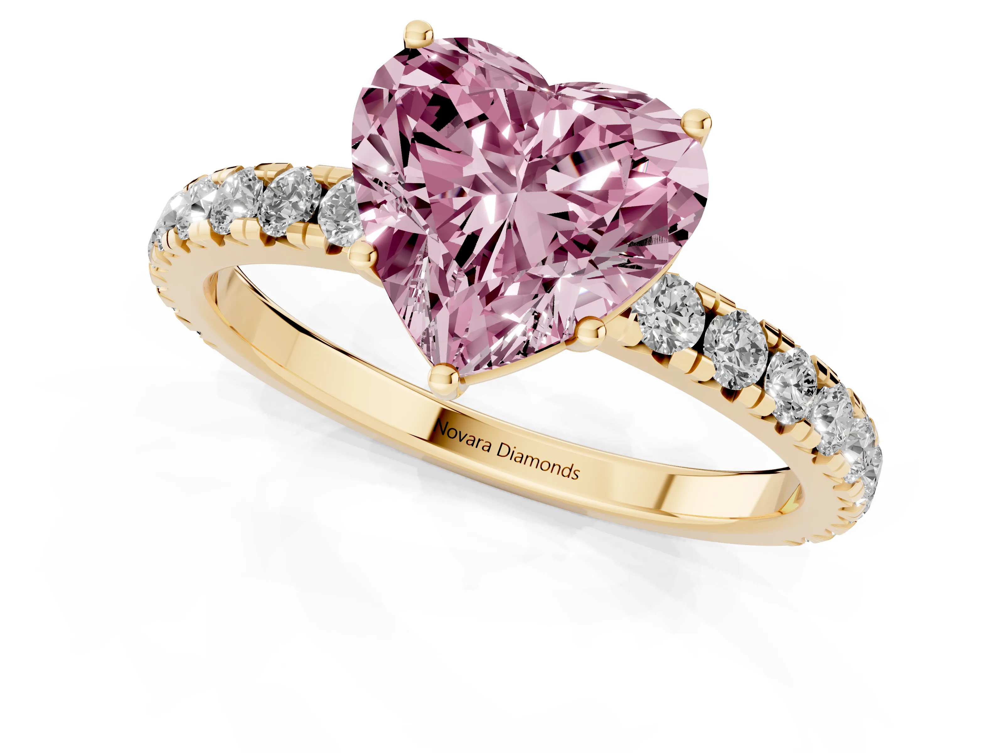 Fancy Pink Heart Cut Diamond Pavé Solitaire Engagement Ring Set in Yellow gold with Prong Setting