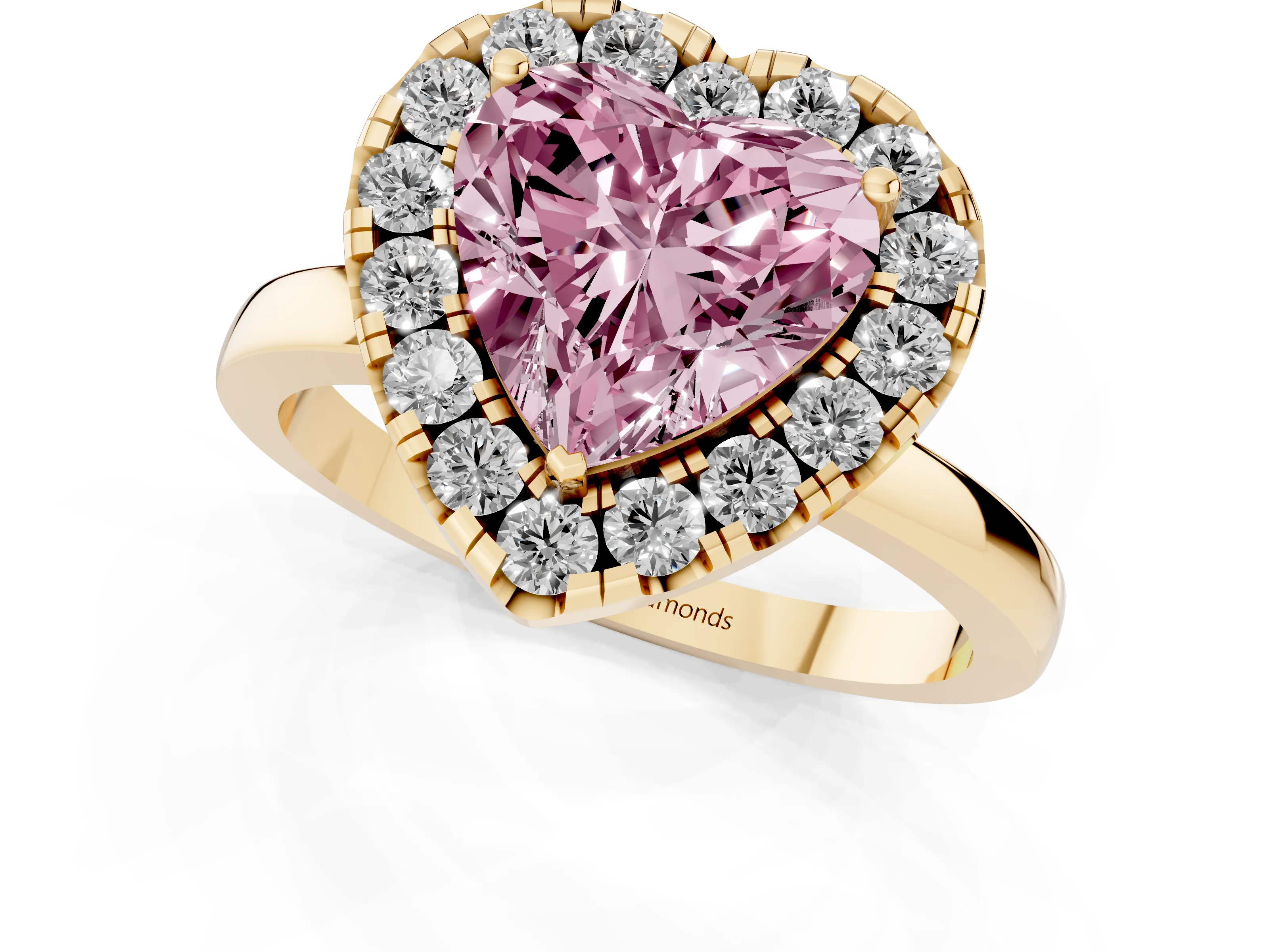 Fancy Pink Heart Cut Diamond Halo Solitaire Ring Set in Yellow gold with Pavé Band and Prong Setting