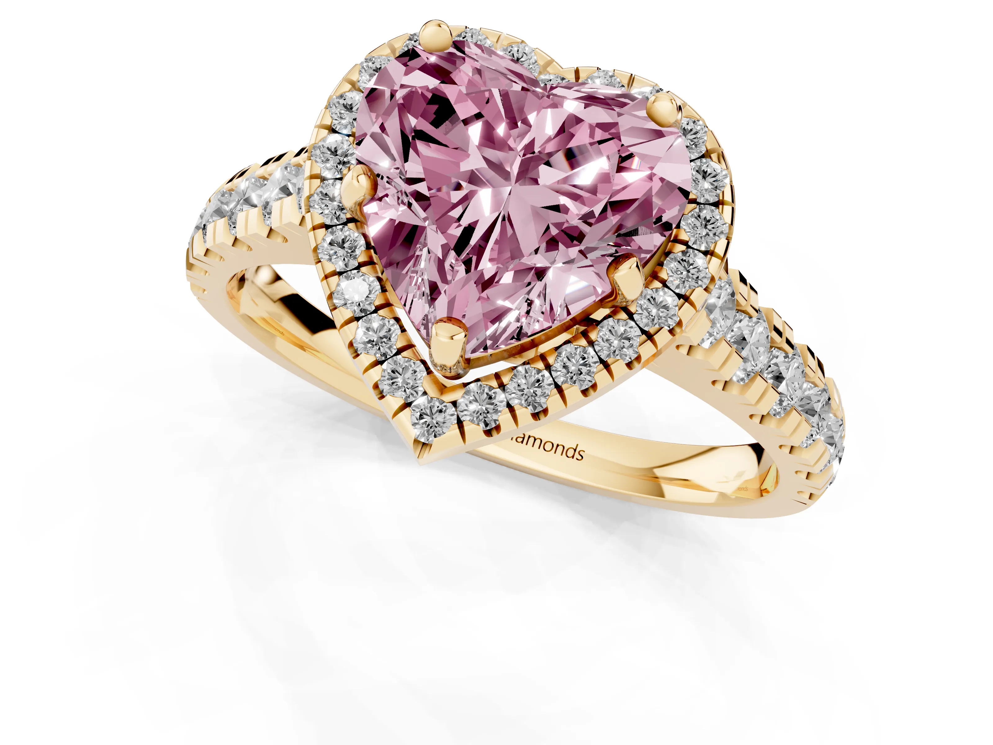 Fancy Pink Heart Cut Diamond Halo Engagement Ring Set in Yellow gold with Pavé Band and Prong-Set Center