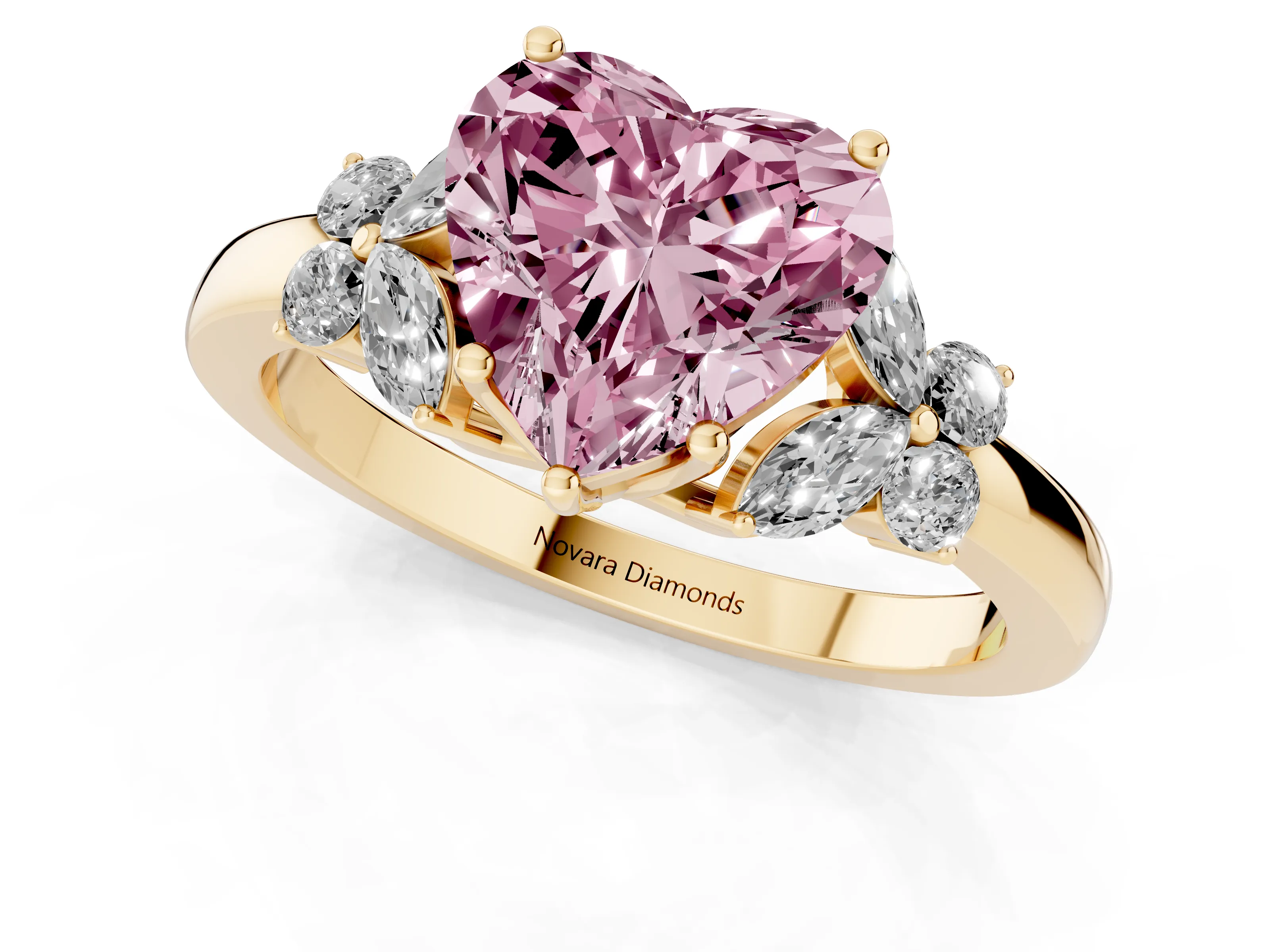 Fancy Pink Heart Cut Diamond Solitaire Floral Ring Set in Yellow gold with Marquise Petals and Prong Setting