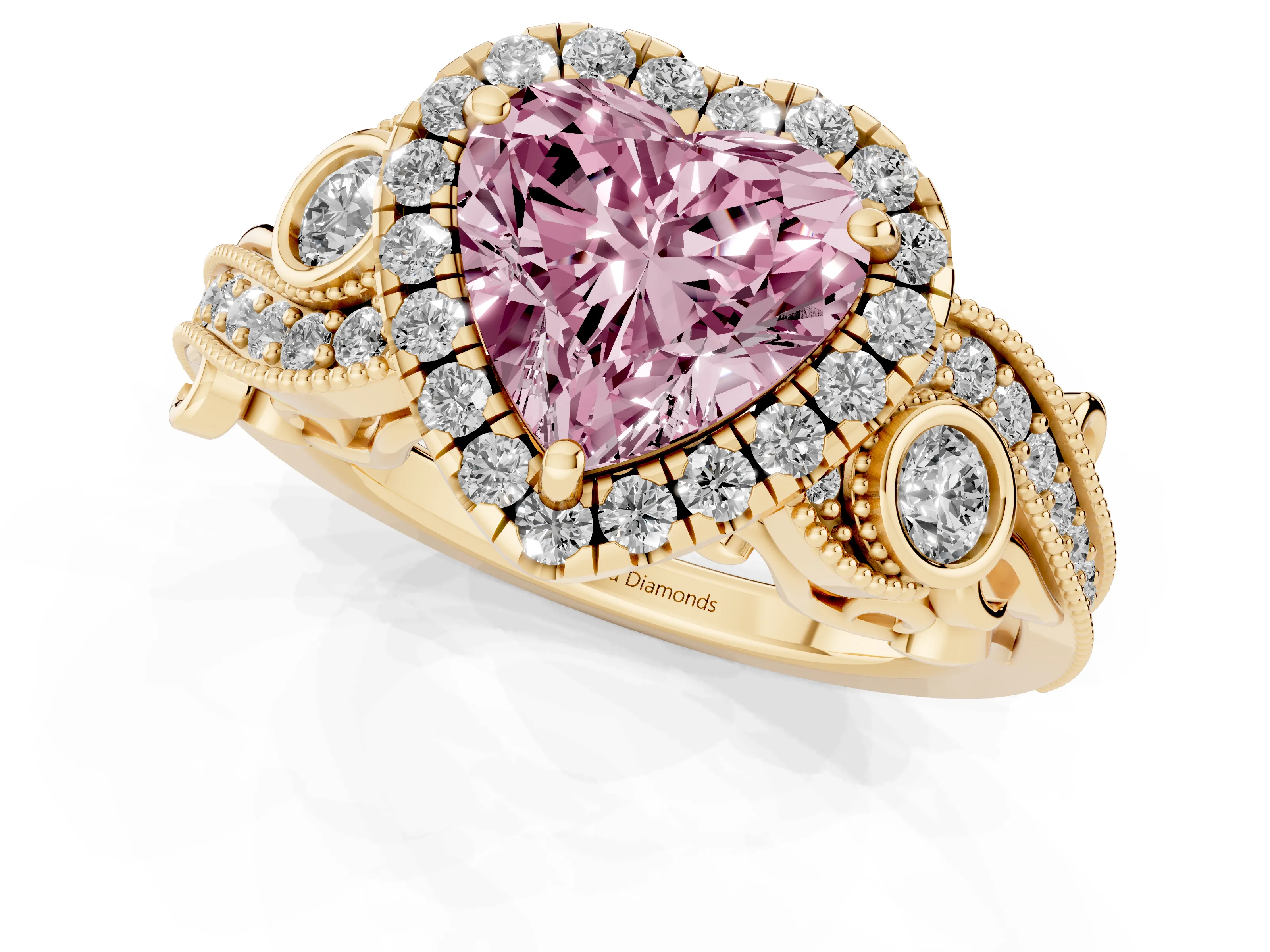 Fancy Pink Heart Cut Diamond Halo Ring Set in Yellow gold with Milgrain Pavé Band and Prong Setting