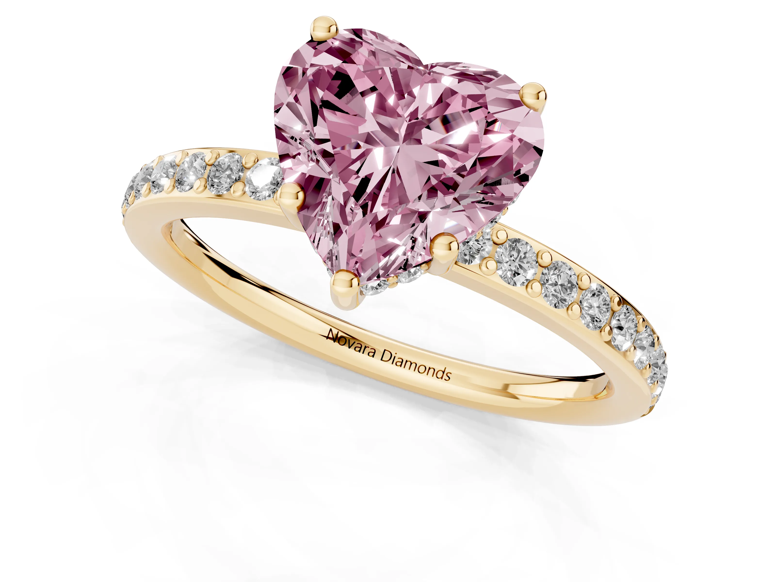 Fancy Pink Heart Cut Diamond Pavé Band Ring Set in Yellow gold with Prong-Set Center Stone