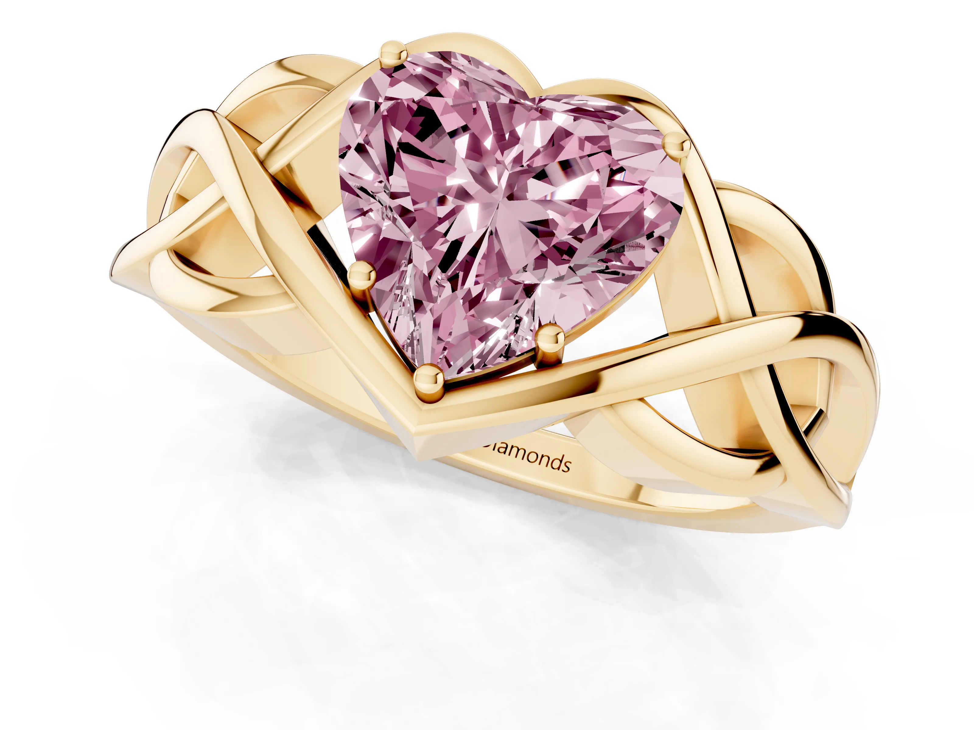Fancy Pink Heart Cut Diamond Solitaire Ring Set in Yellow gold with Intertwined Band