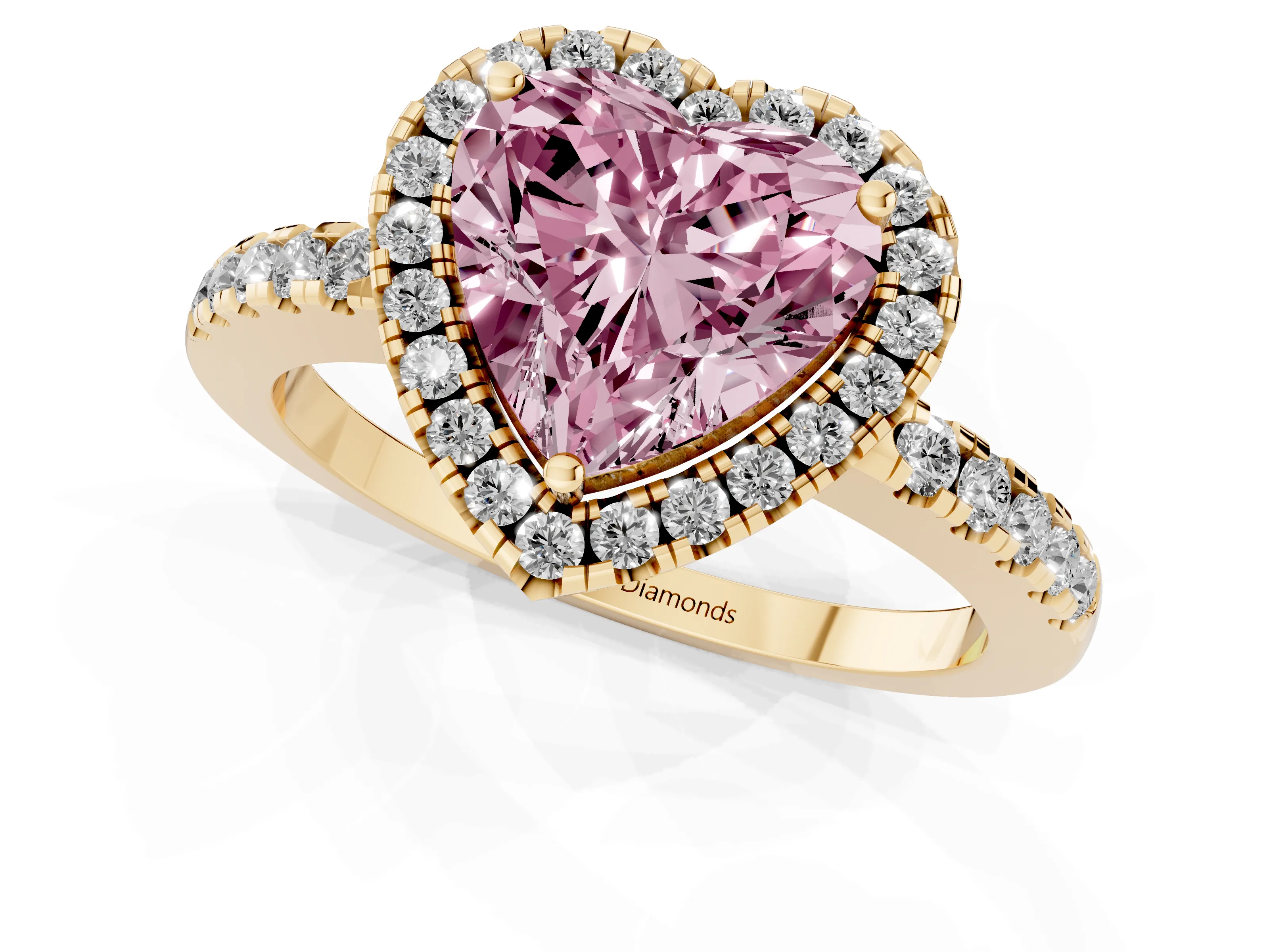 Fancy Pink Heart Cut Diamond Pavé Band Halo Engagement Ring Set in Yellow gold with Prong Setting