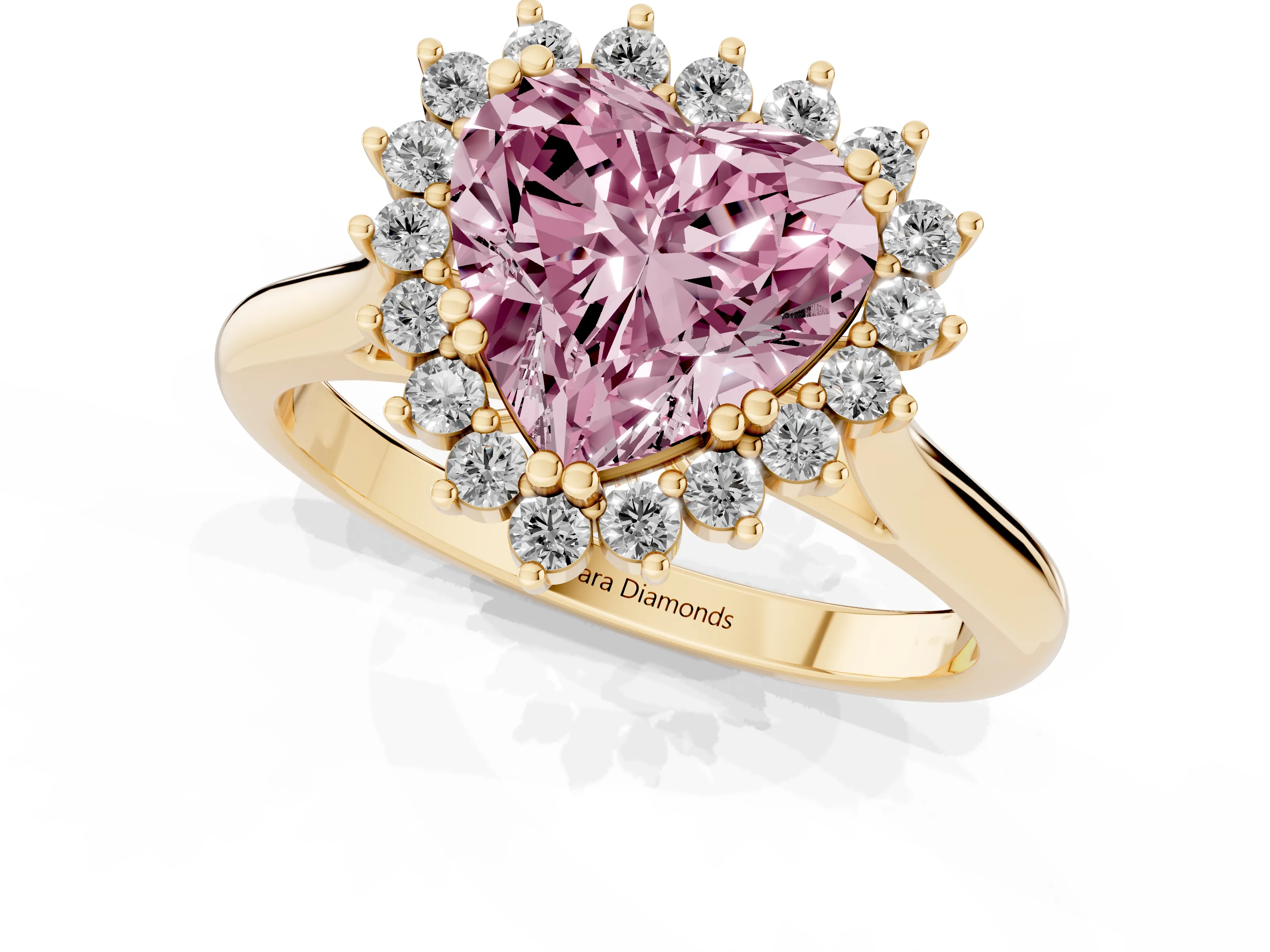 Fancy Pink Heart Cut Diamond Halo Ring Set in Yellow gold with Plain Solitaire Band and Prong Setting
