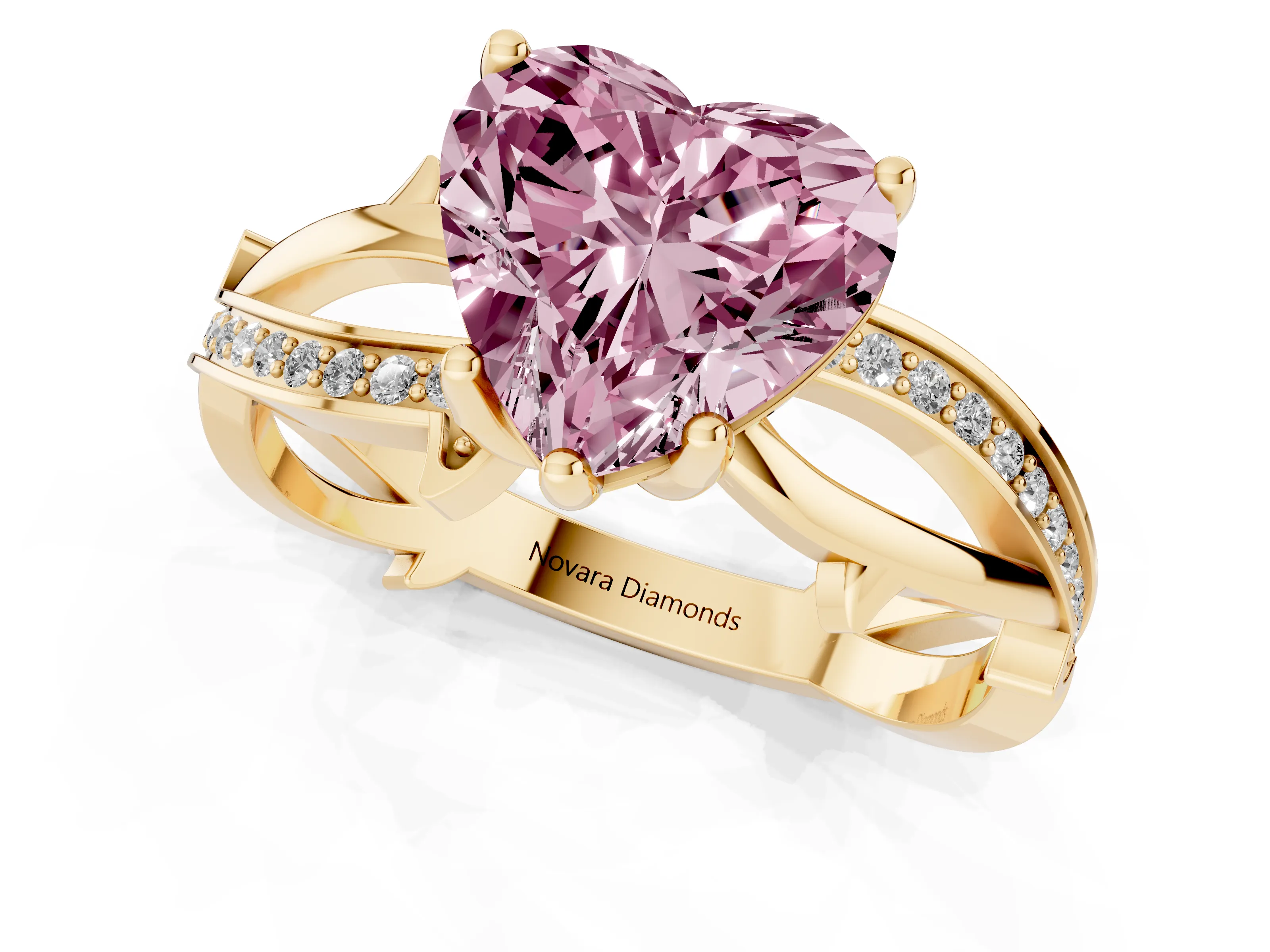 Fancy Pink Heart Cut Diamond Pavé Twist Band Solitaire Ring Set in Yellow gold with Prong Setting