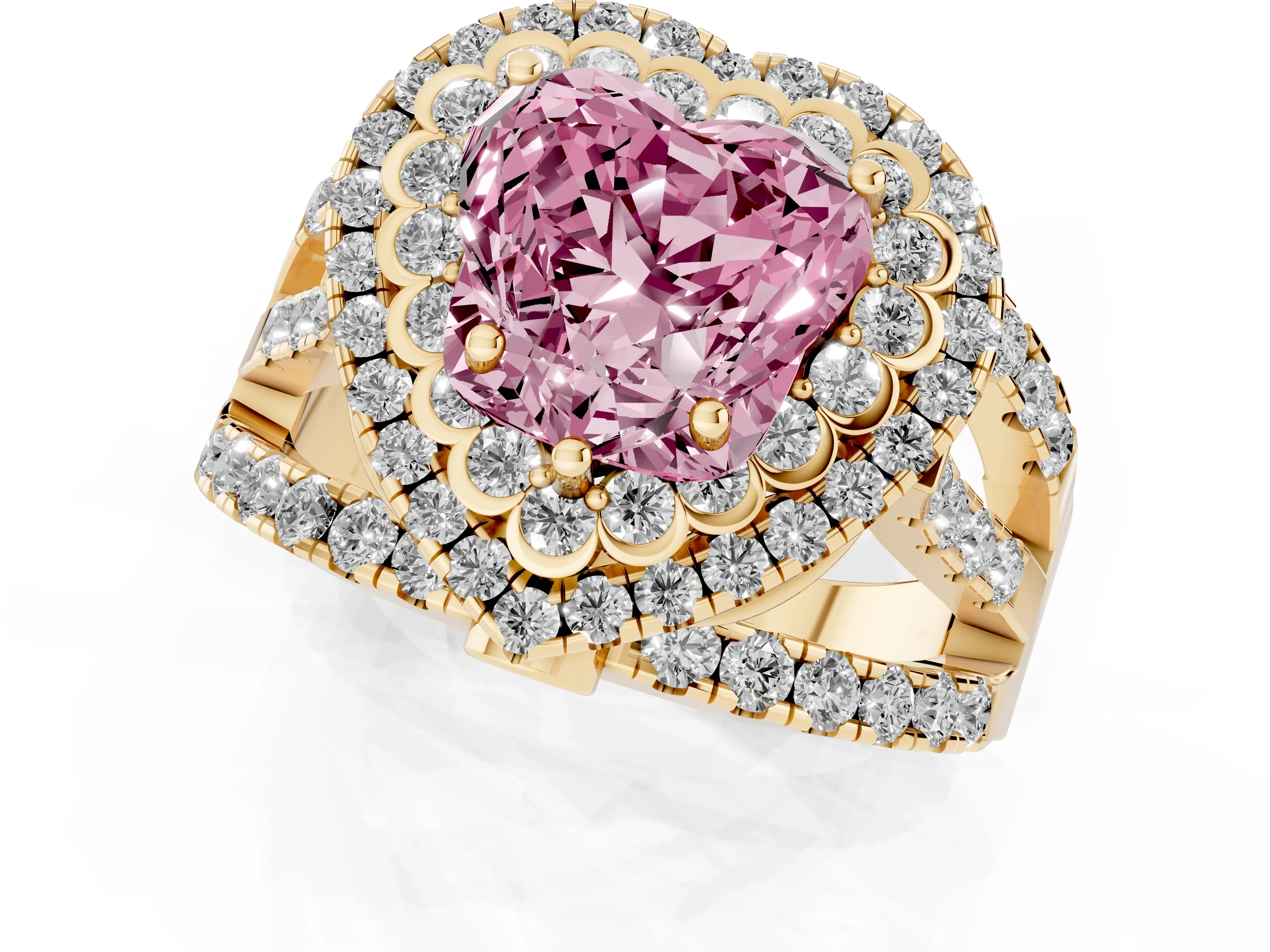 Fancy Pink Heart Cut Diamond Double Halo Ring Set in Yellow gold with Round Pavé Split Shank
