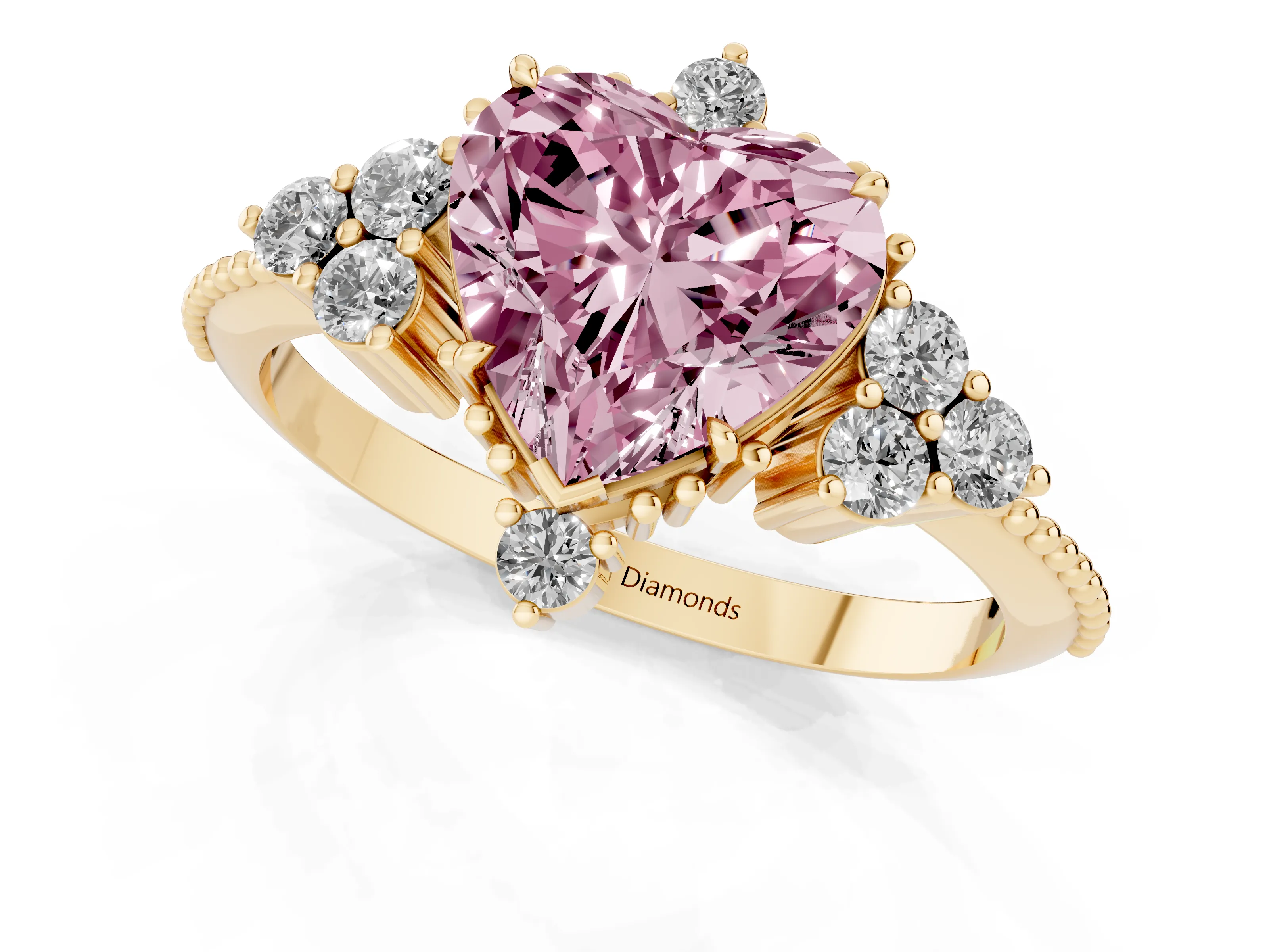 Fancy Pink Heart Cut Diamond Cluster Ring Set in Yellow gold with Beaded Band