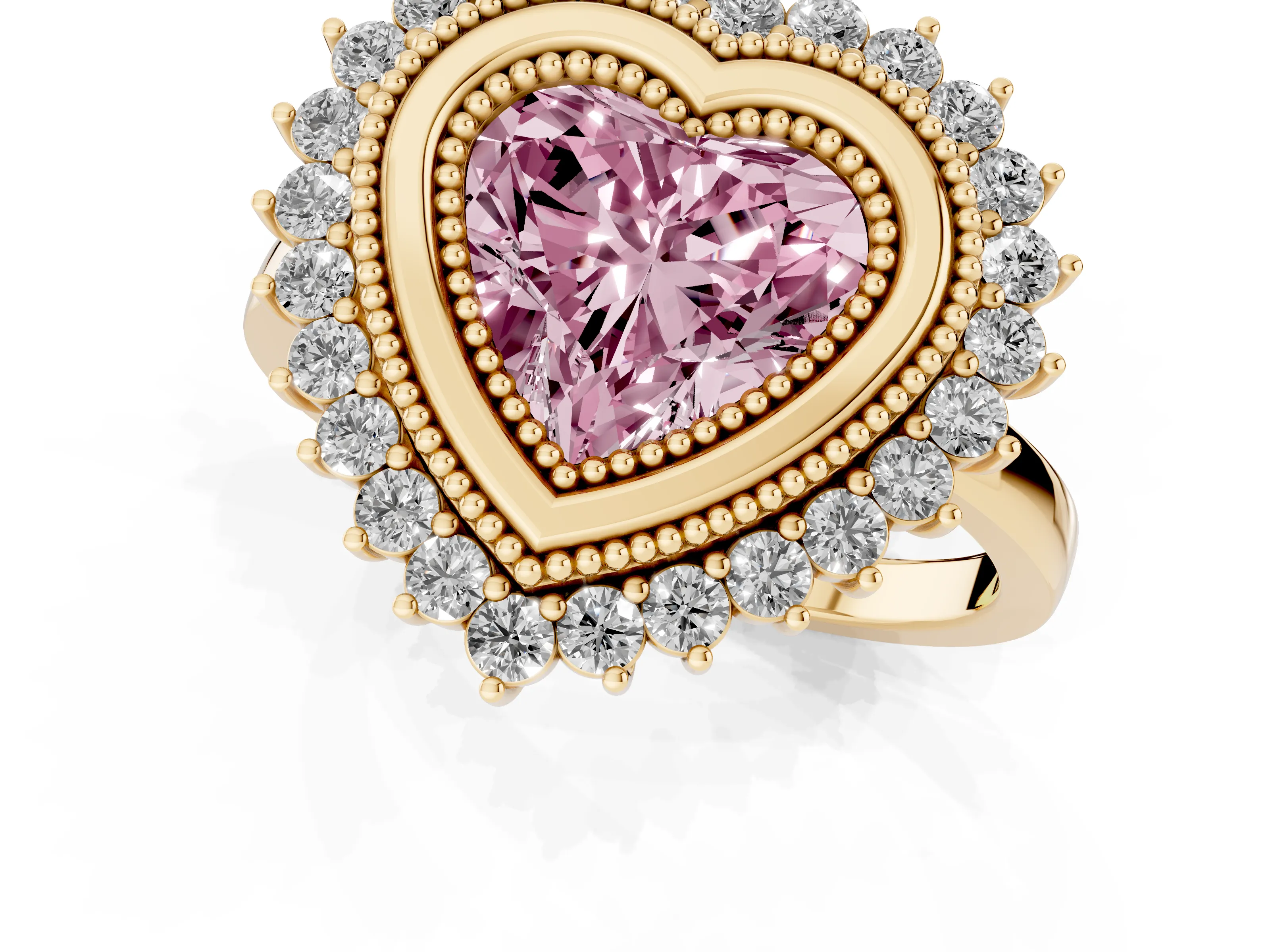 Fancy Pink Heart Cut Diamond Halo Ring Set in Yellow gold with Milgrain Edge and Round Prong Setting