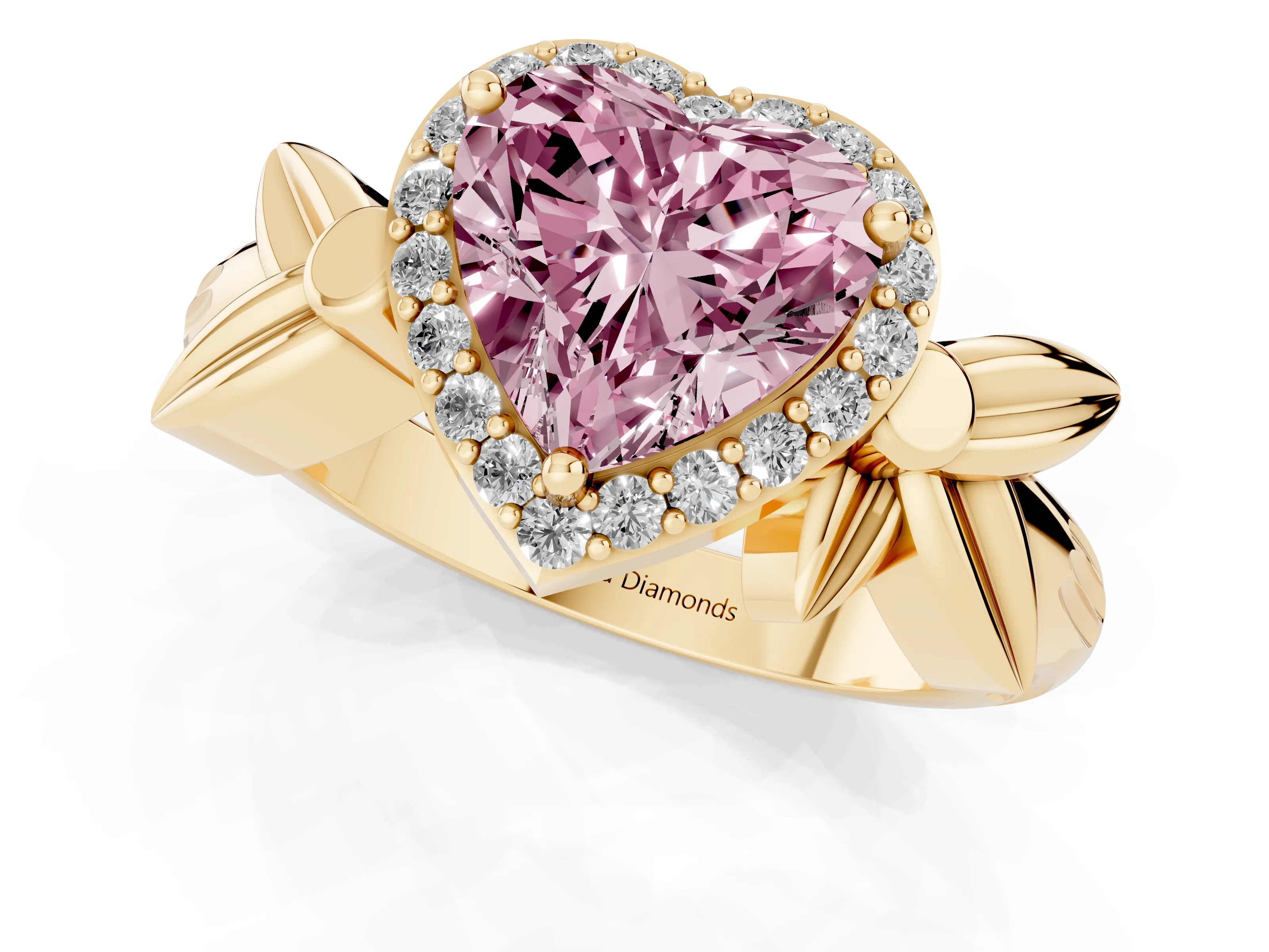 Fancy Pink Heart Cut Diamond Halo Floral Band Ring Set in Yellow gold with Prong Setting