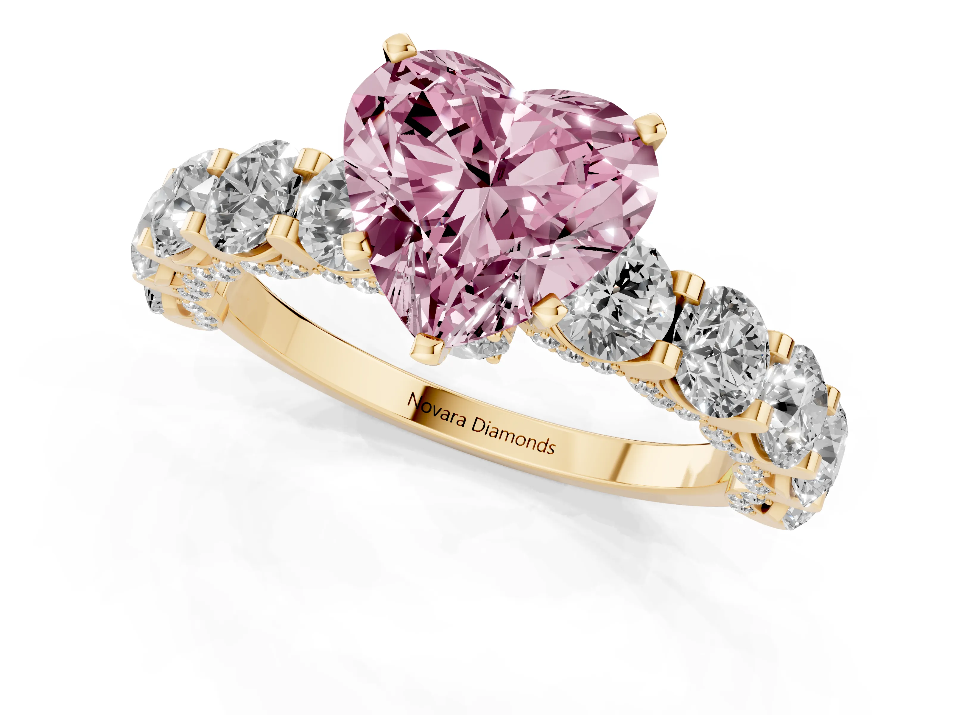 Fancy Pink Heart Cut Diamond Side Stone Ring Set in Yellow gold with Alternating Round and Oval Side Stones – second view