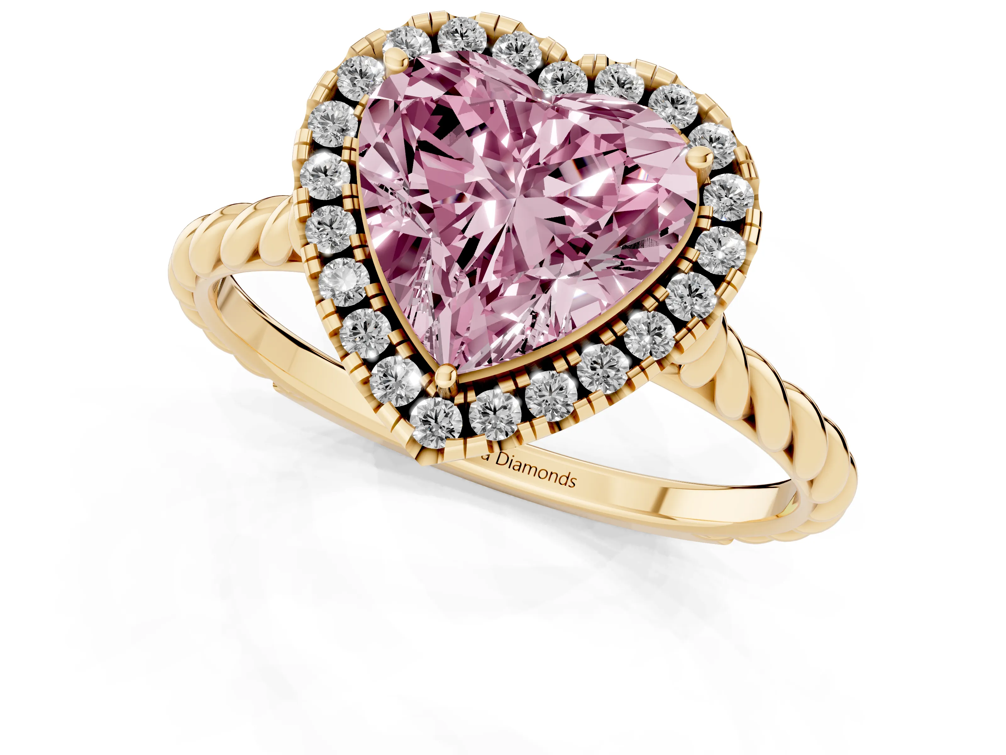 Fancy Pink Heart Cut Diamond Halo Ring Set in Yellow gold with Plain Twisted Band
