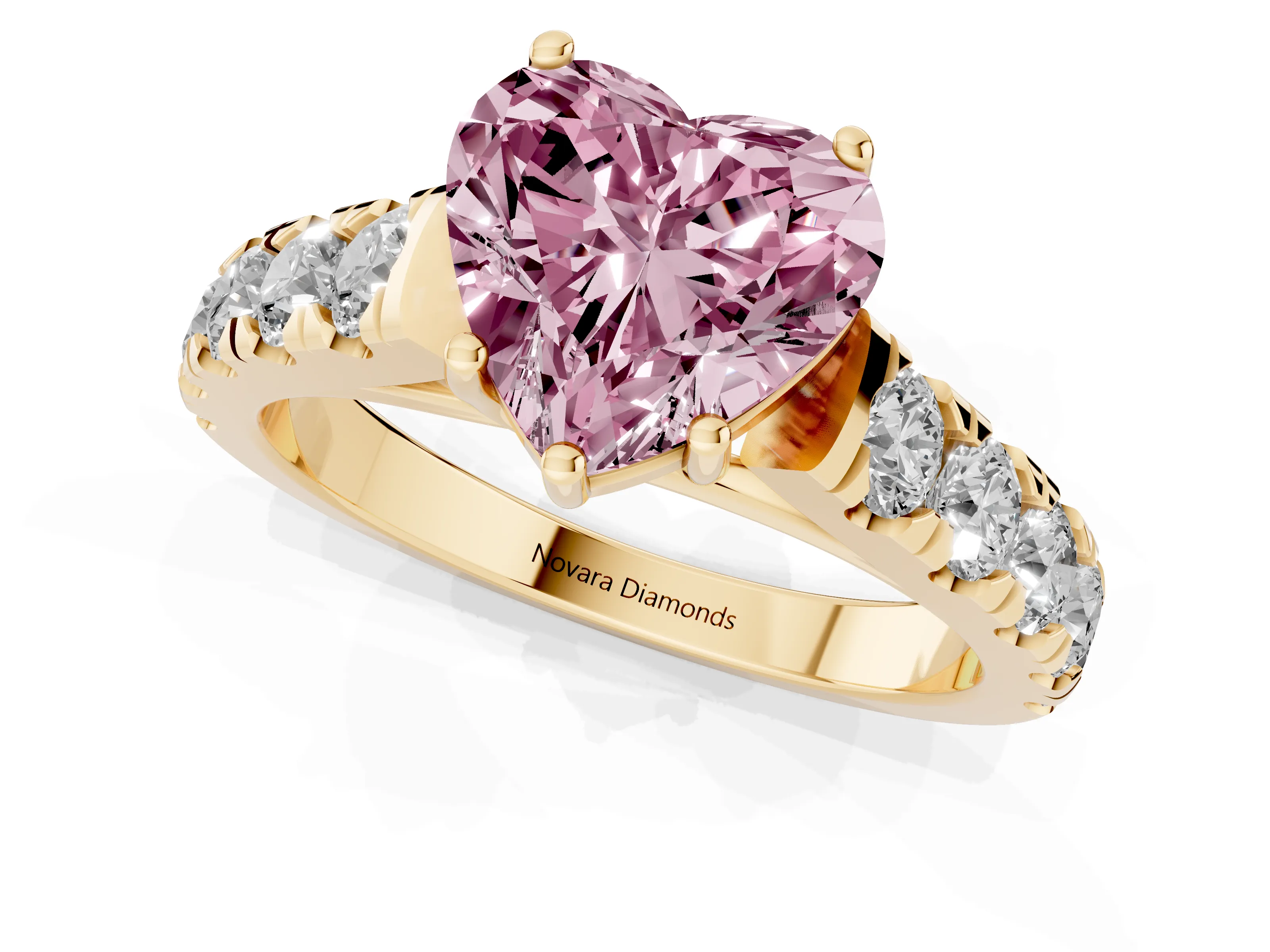 Fancy Pink Heart Cut Diamond Solitaire Ring Set in Yellow gold with Cut-Down Micro Pavé Band and Prong Setting