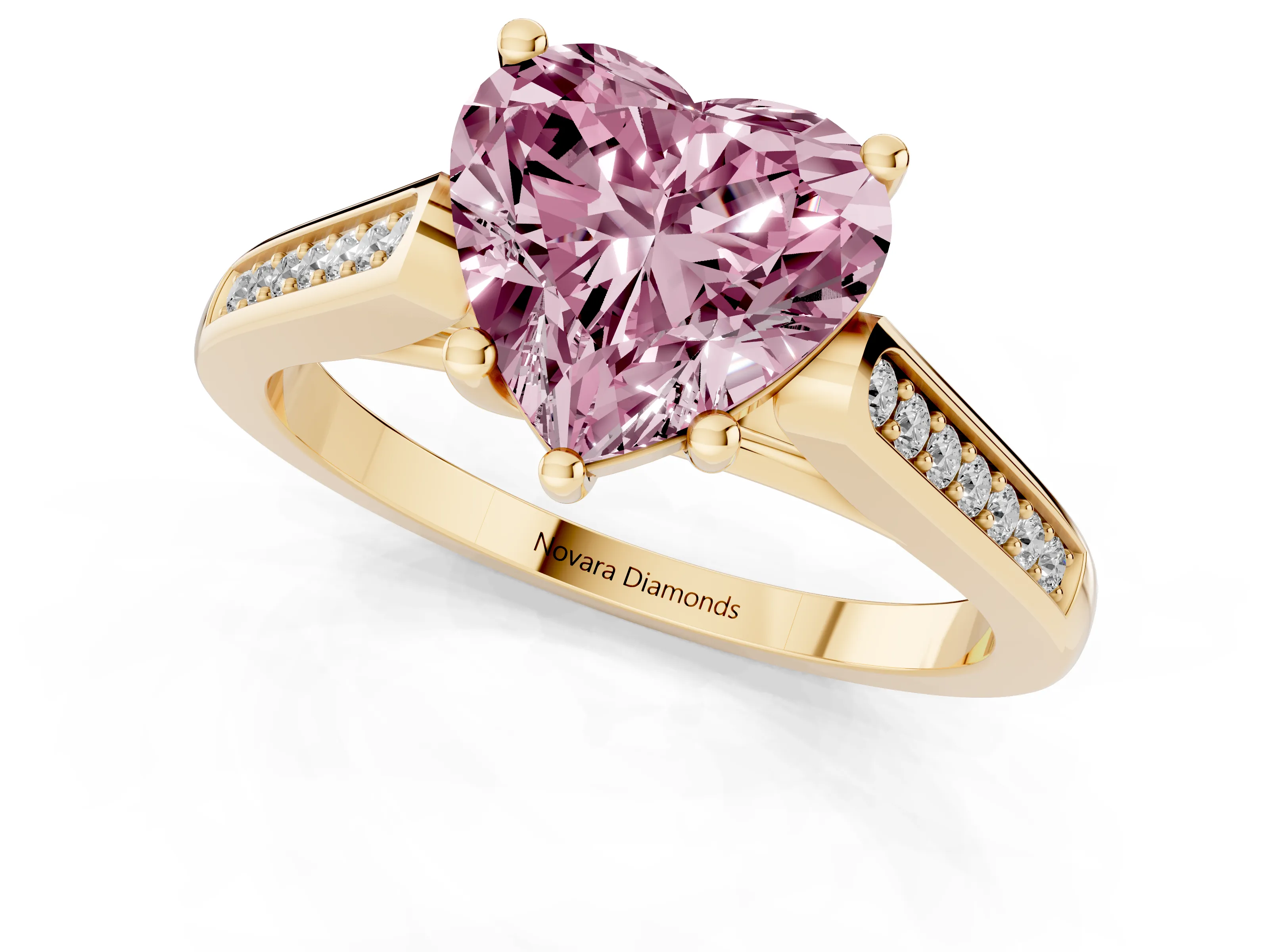 Fancy Pink Heart Cut Diamond Solitaire Cathedral Engagement Ring Set in Yellow gold with Channel-Set Band and Prong Setting