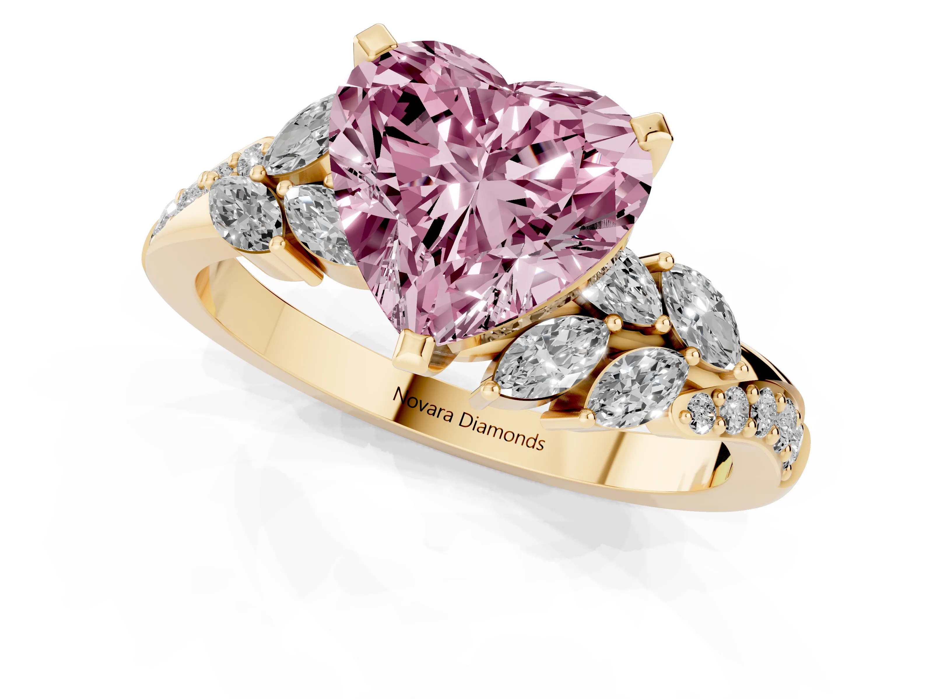 Fancy Pink Heart Cut Diamond Solitaire Ring Set in Yellow gold with Marquise Twist Band and Prong Setting