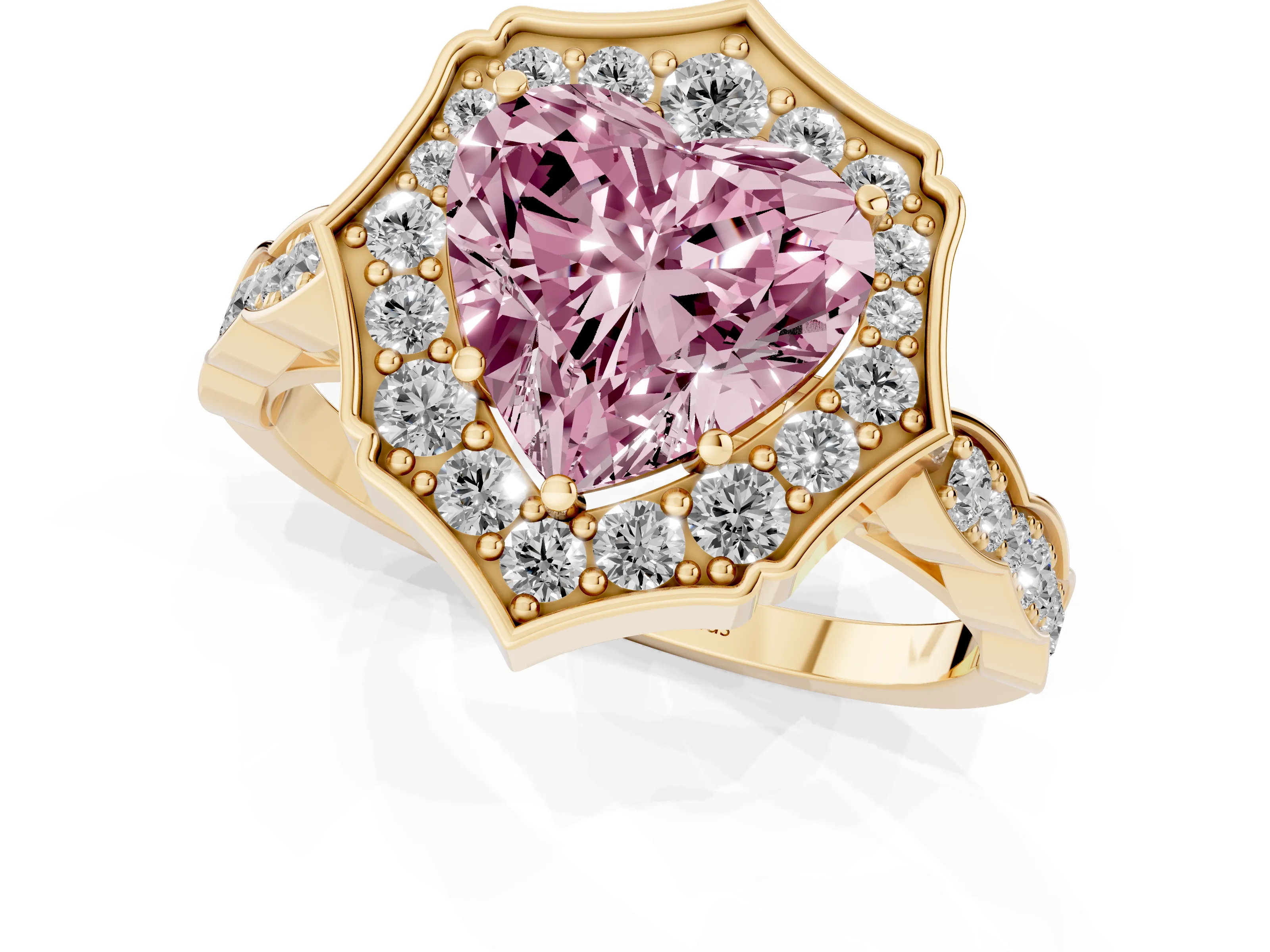 Fancy Pink Heart Cut Diamond Halo Engagement Ring Set in Yellow gold with Milgrain Band and Prong Setting