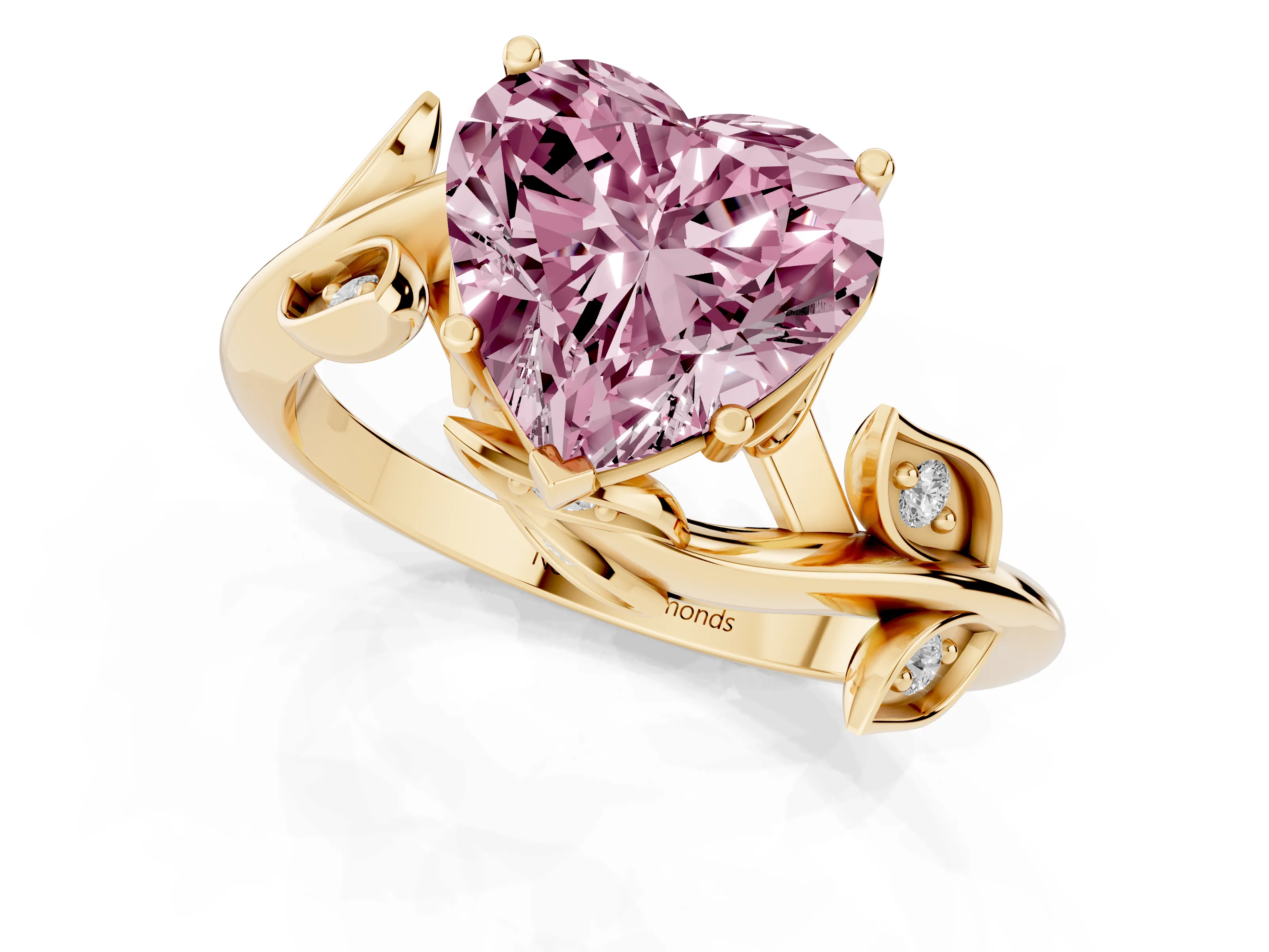 Fancy Pink Heart Cut Diamond Solitaire Twist Engagement Ring Set in Yellow gold with Pavé Leaf Accents