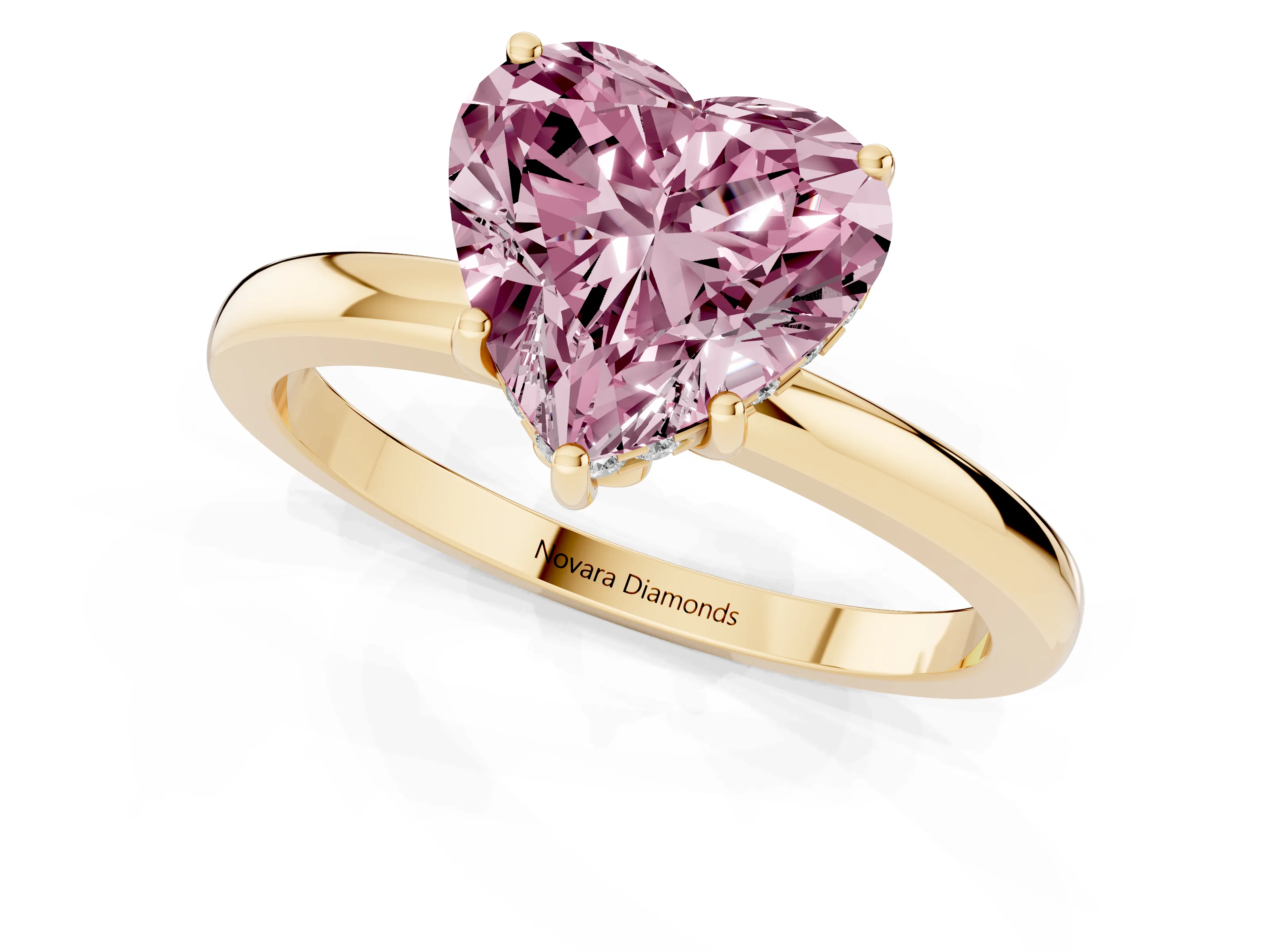 Fancy Pink Heart Cut Diamond Solitaire Ring Set in Yellow gold with Plain Band and Prong Setting