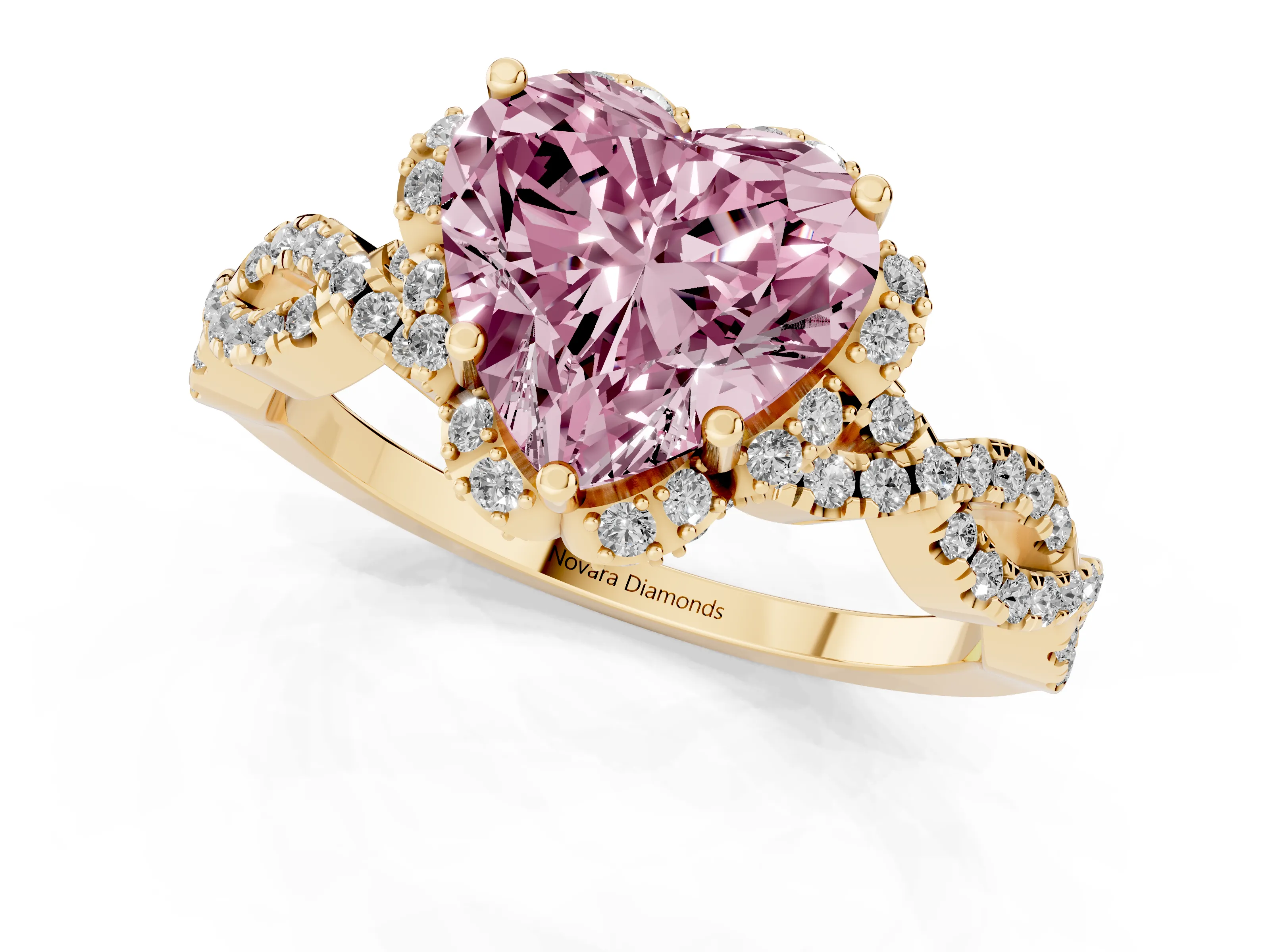 Fancy Pink Heart Cut Diamond Halo Twist Band Solitaire Ring Set in Yellow gold with Prong-Set Center Stone