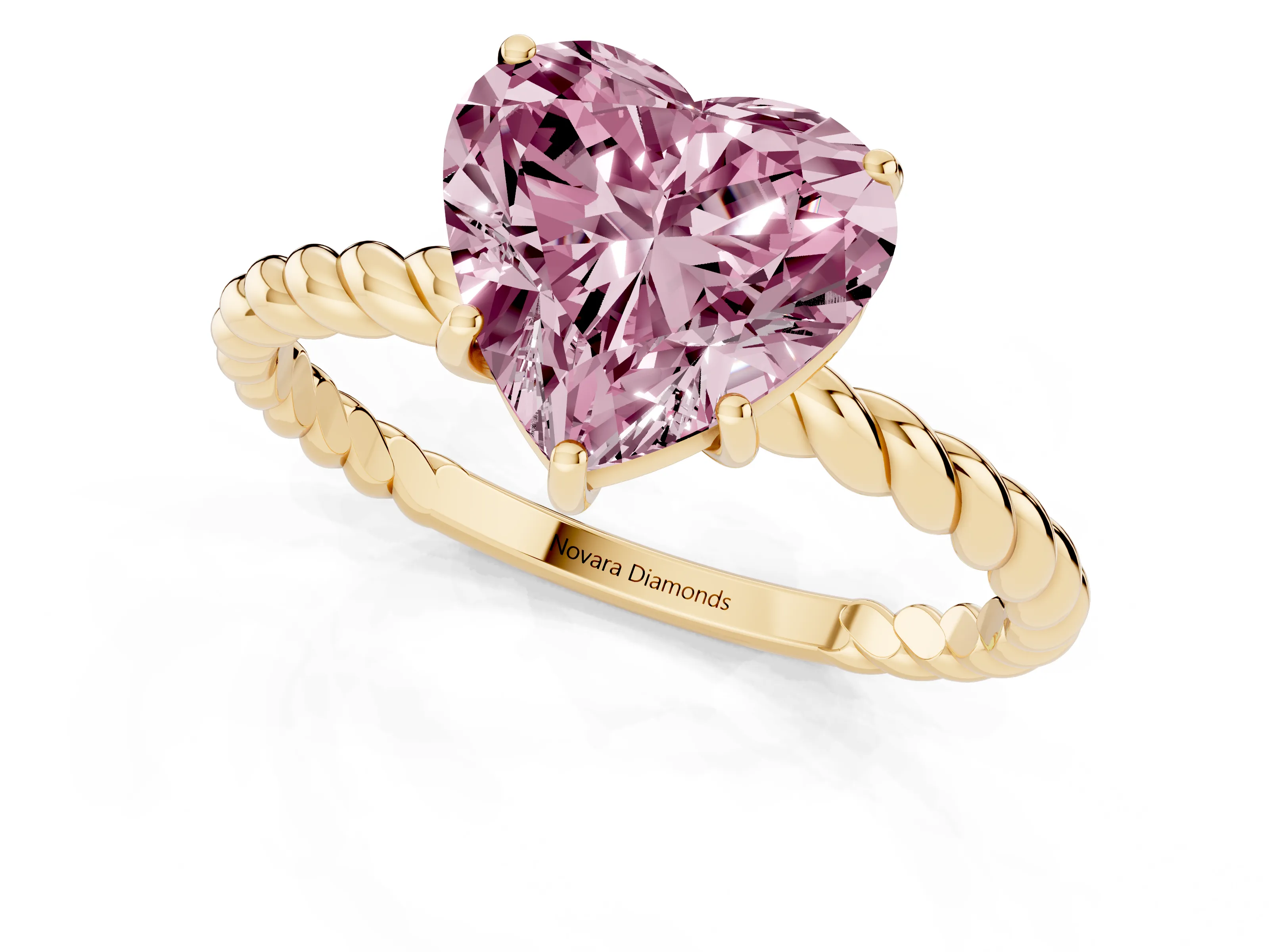 Fancy Pink Heart Cut Diamond Solitaire Ring Set in Yellow gold with Twist Band and Prong Setting