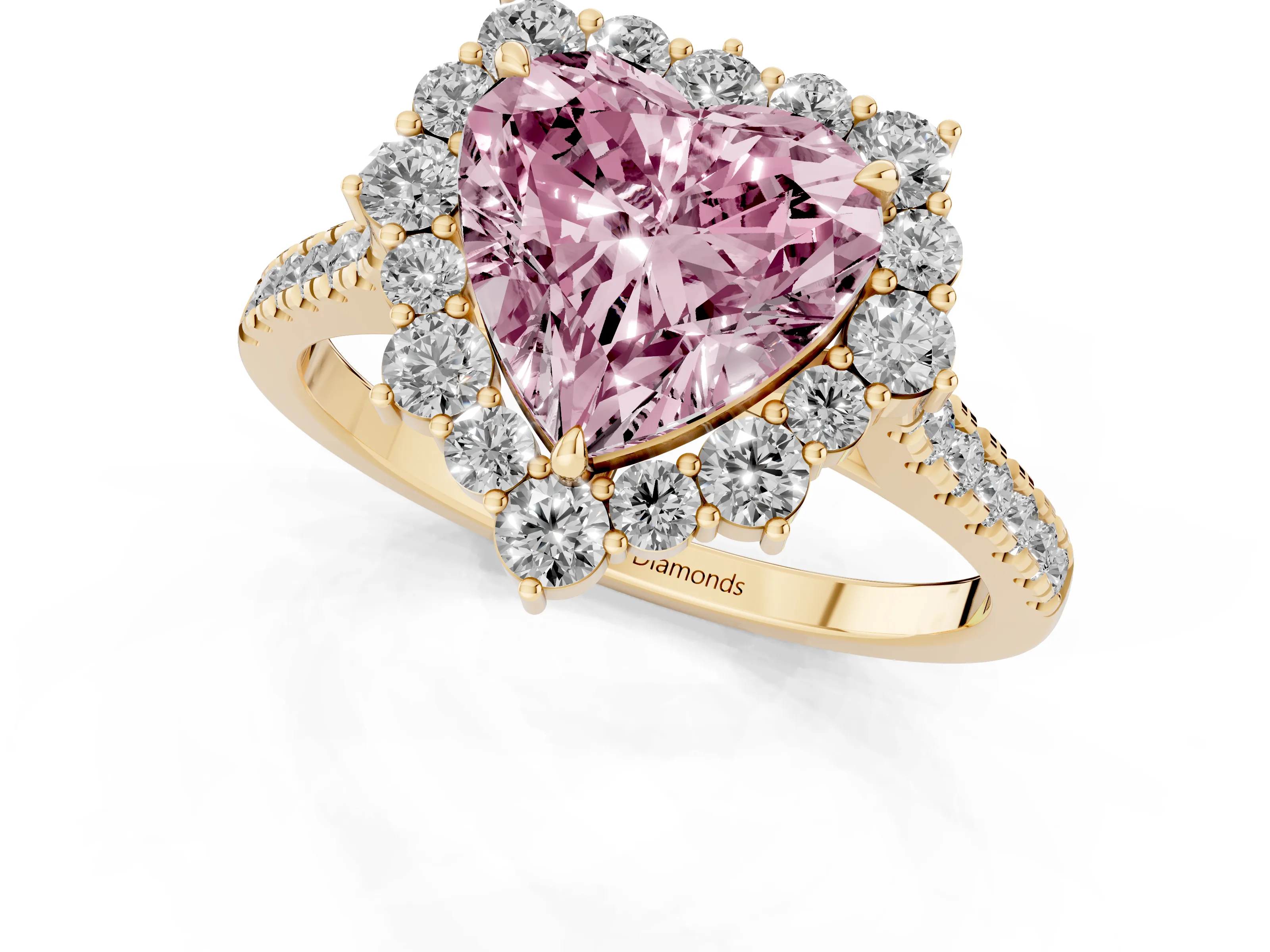 Fancy Pink Heart Cut Diamond Halo Ring Set in Yellow gold with Pavé Band and Prong Setting