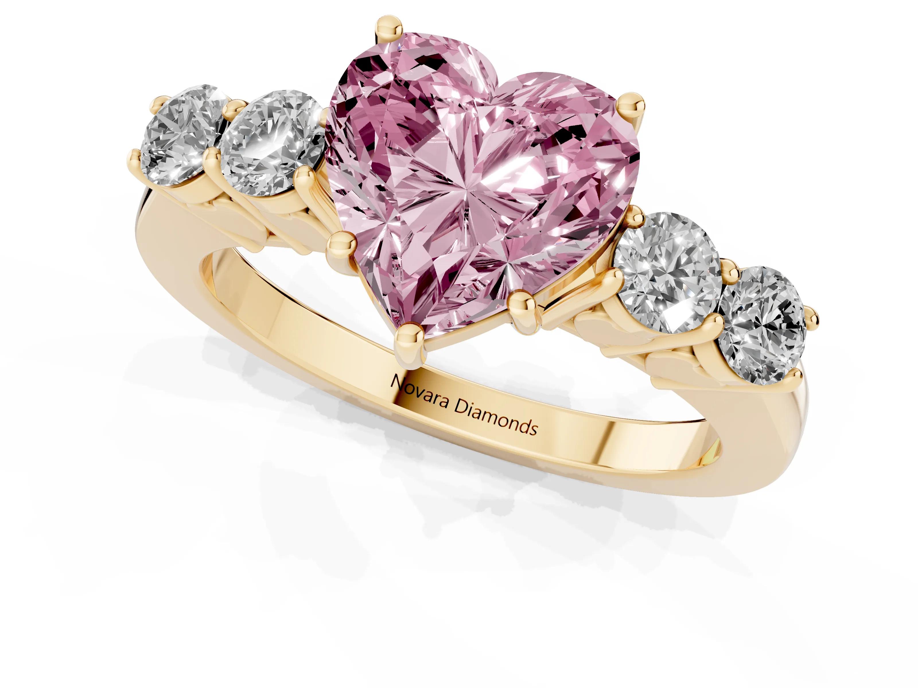 Fancy Pink Heart Cut Diamond Five-Stone Prong Set Band Ring Set in Yellow gold with Polished Band
