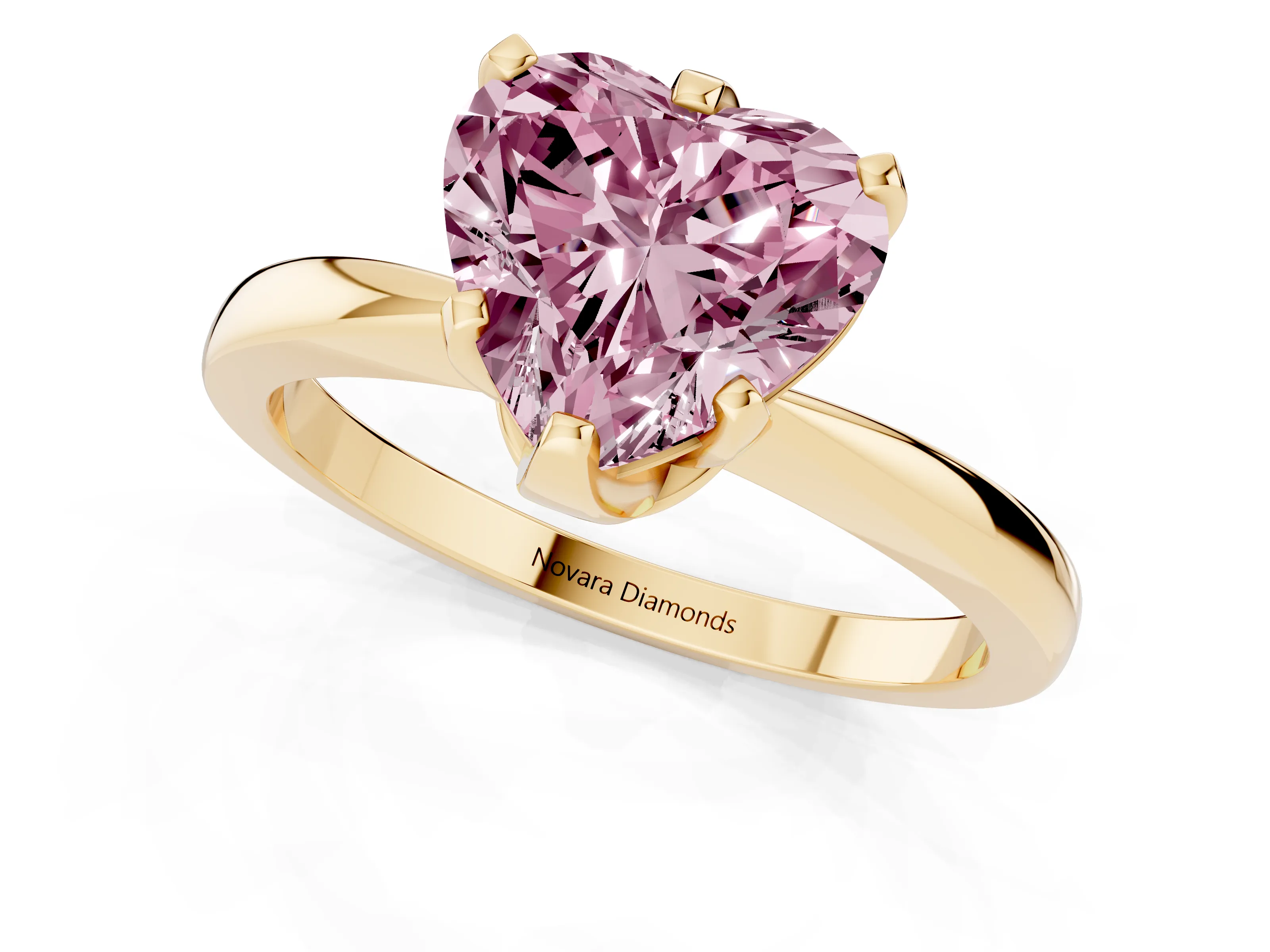 Fancy Pink Heart Cut Diamond Solitaire Engagement Ring Set in Yellow gold with Slim Tapered Solitaire Band